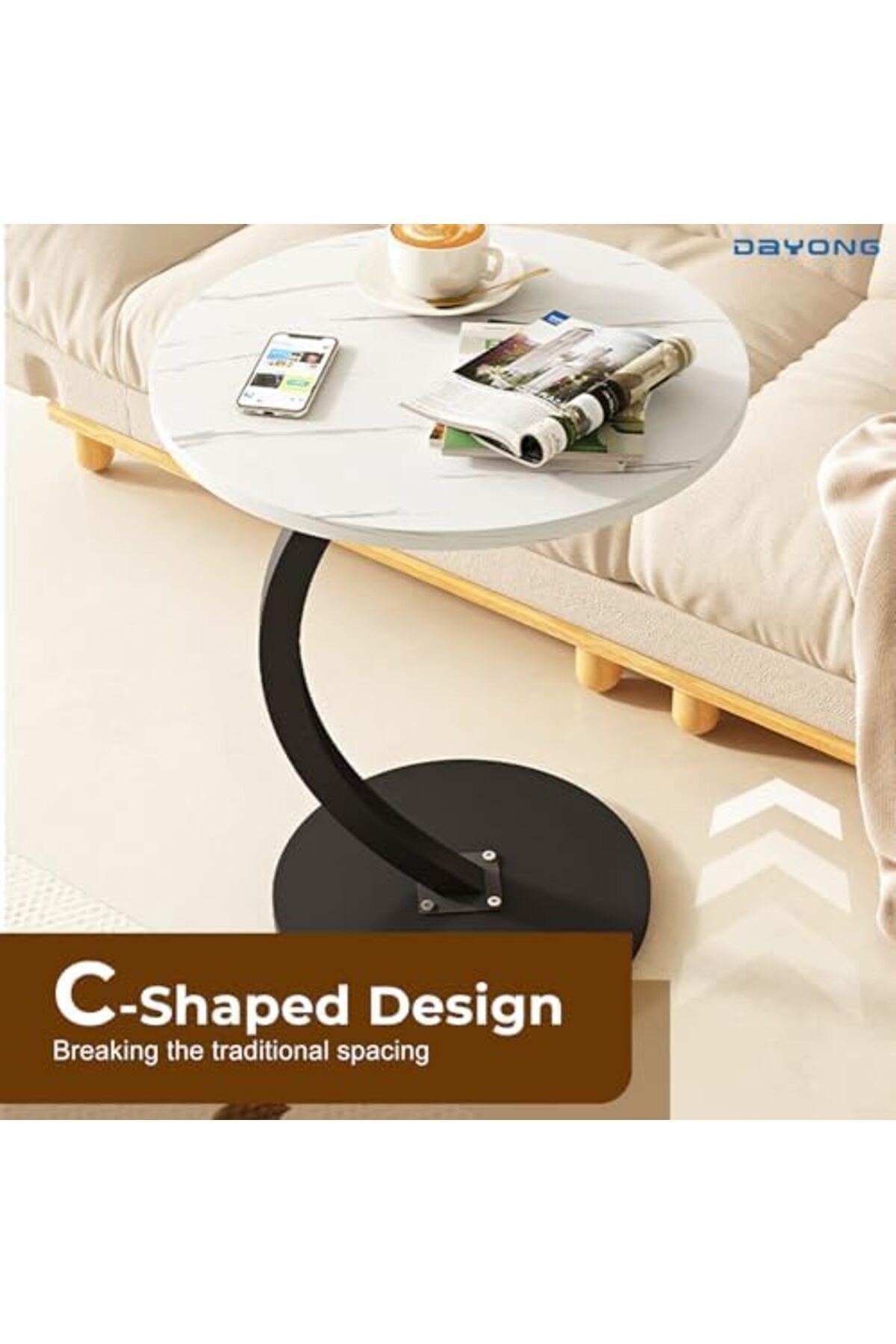Türkiye-Side Table, C-shaped Coffee Table, Sofa End Table, Space-Saving Nightstand Bedside Table for 6