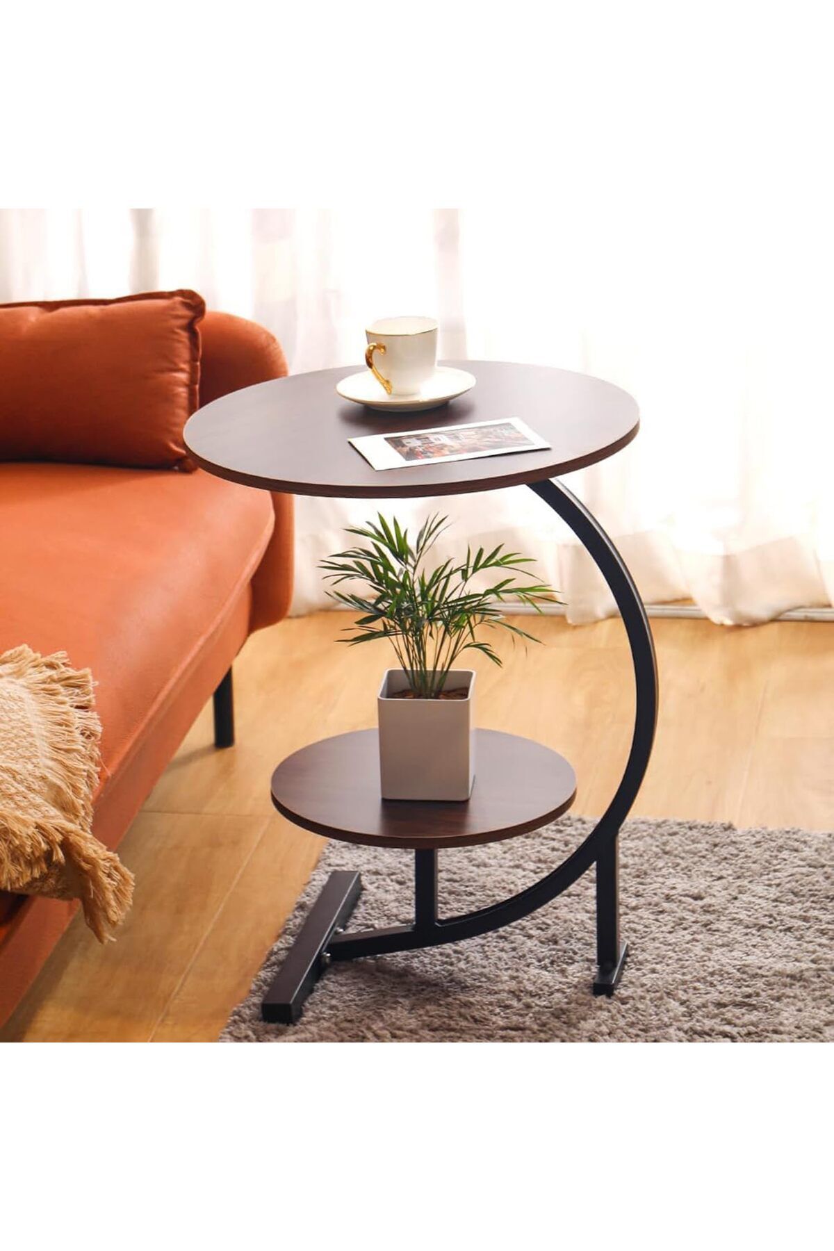 Türkiye-C-Shaped Side Table, 2-Tier Round End Table with Storage Shelf, Industrial Metal Frame, Sma 3