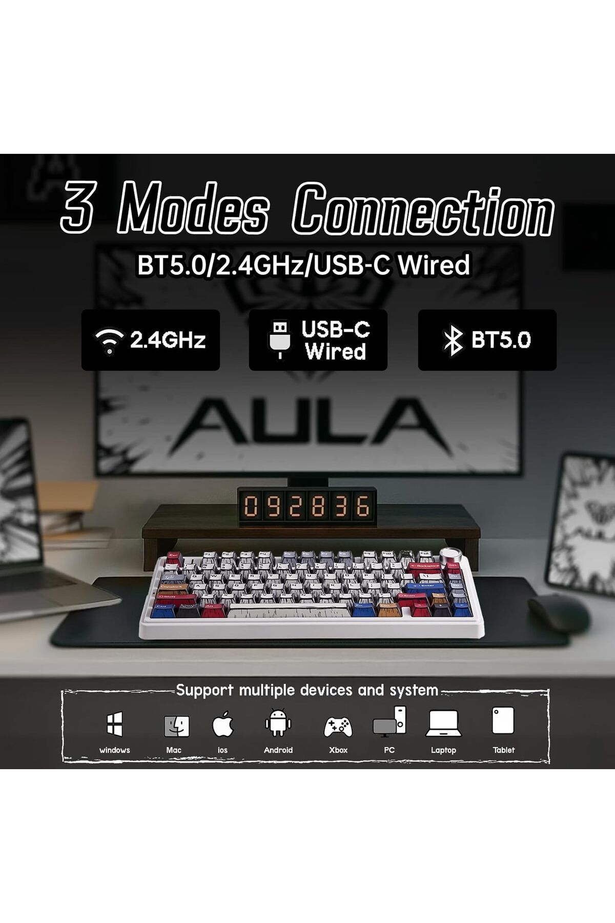 Aula-لوحة مفاتيح ميكانيكية x F75، لوحة مفاتيح ألعاب لاسلكية بإضاءة خلفية RGB مع مقبض، 81 مفتاحًا بحشية مدمجة 7