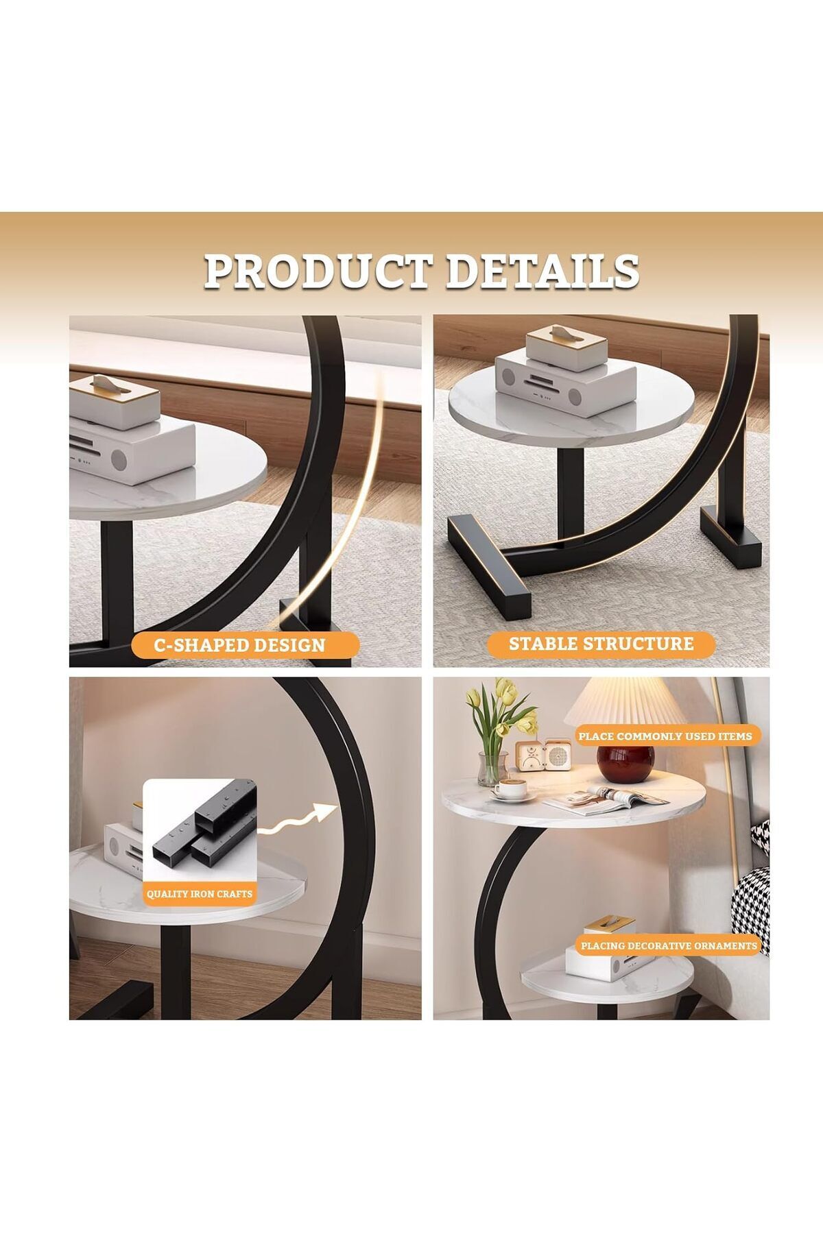 Türkiye-Round Side Table Coffee Couch Bedside Table End Table for Small Spaces C Shaped End Table D 6