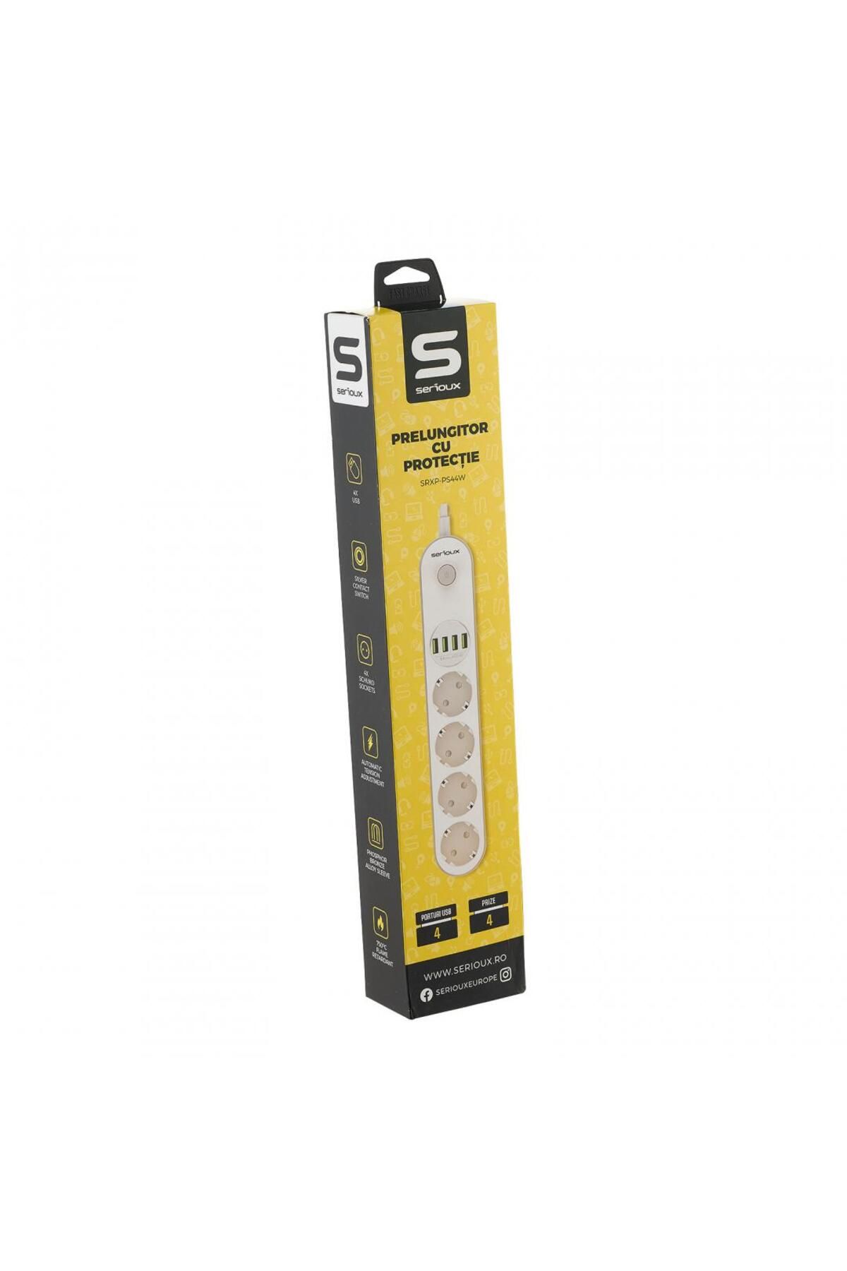 SERIOUX-Extension cord with Serioux protection, 4 schuko sockets, input 100-240V, 50- 60Hz, output (Total): 250 3