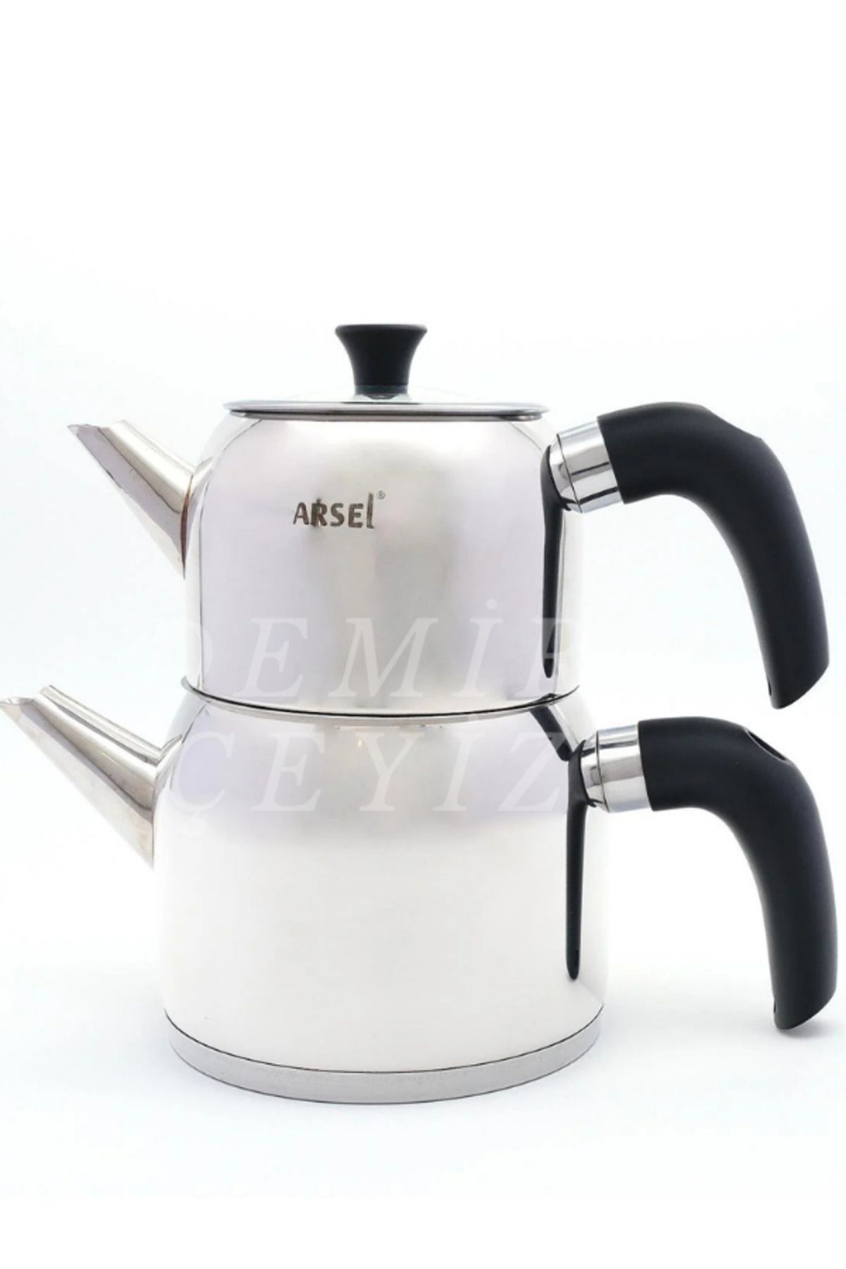 Demir Çeyiz-Arsel Modern Midi Small Size Steel Teapot Set — Bakelite Handle (Top: 0.80 Lt / Bottom: 0.85 Lt) 1