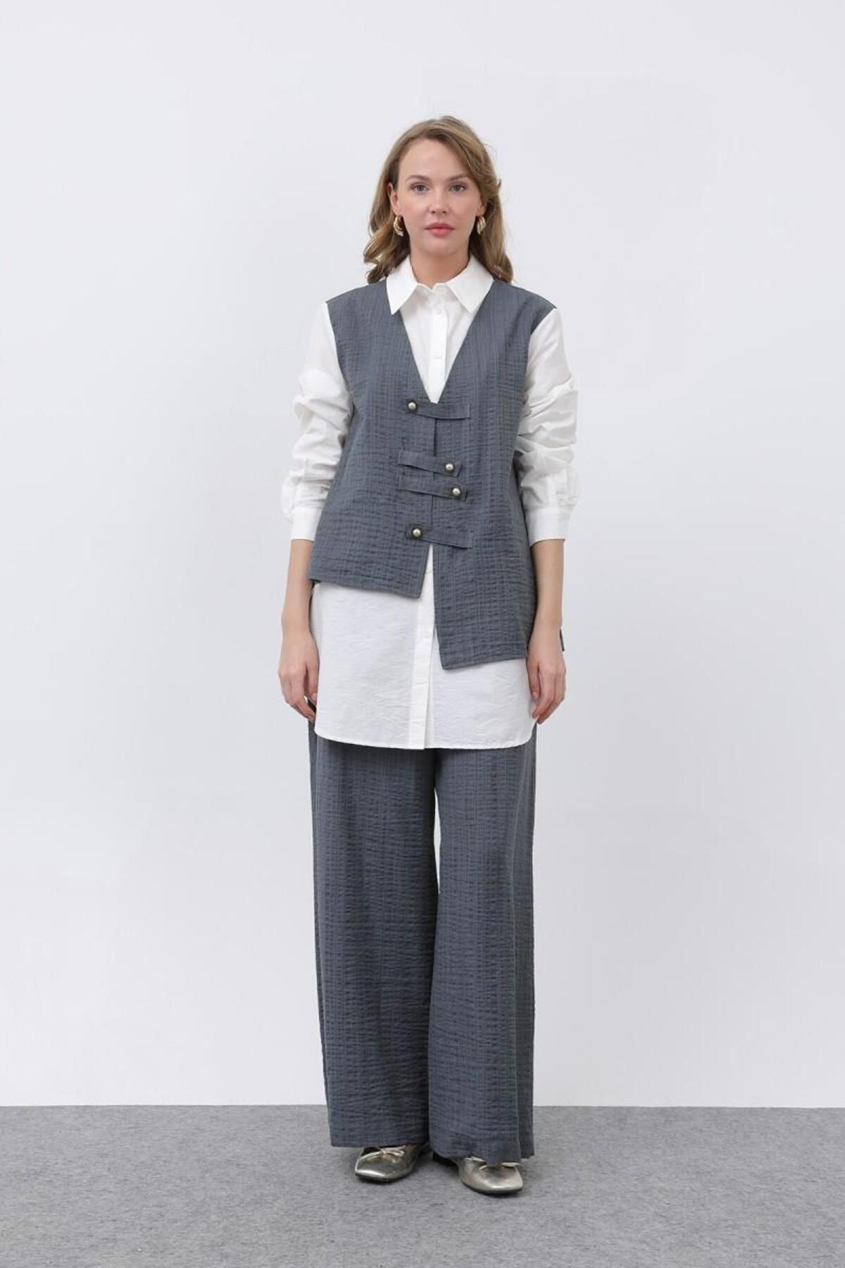 Puane-Women's Front Vest Look Epaulet Trousers Suit 14327Tks 2
