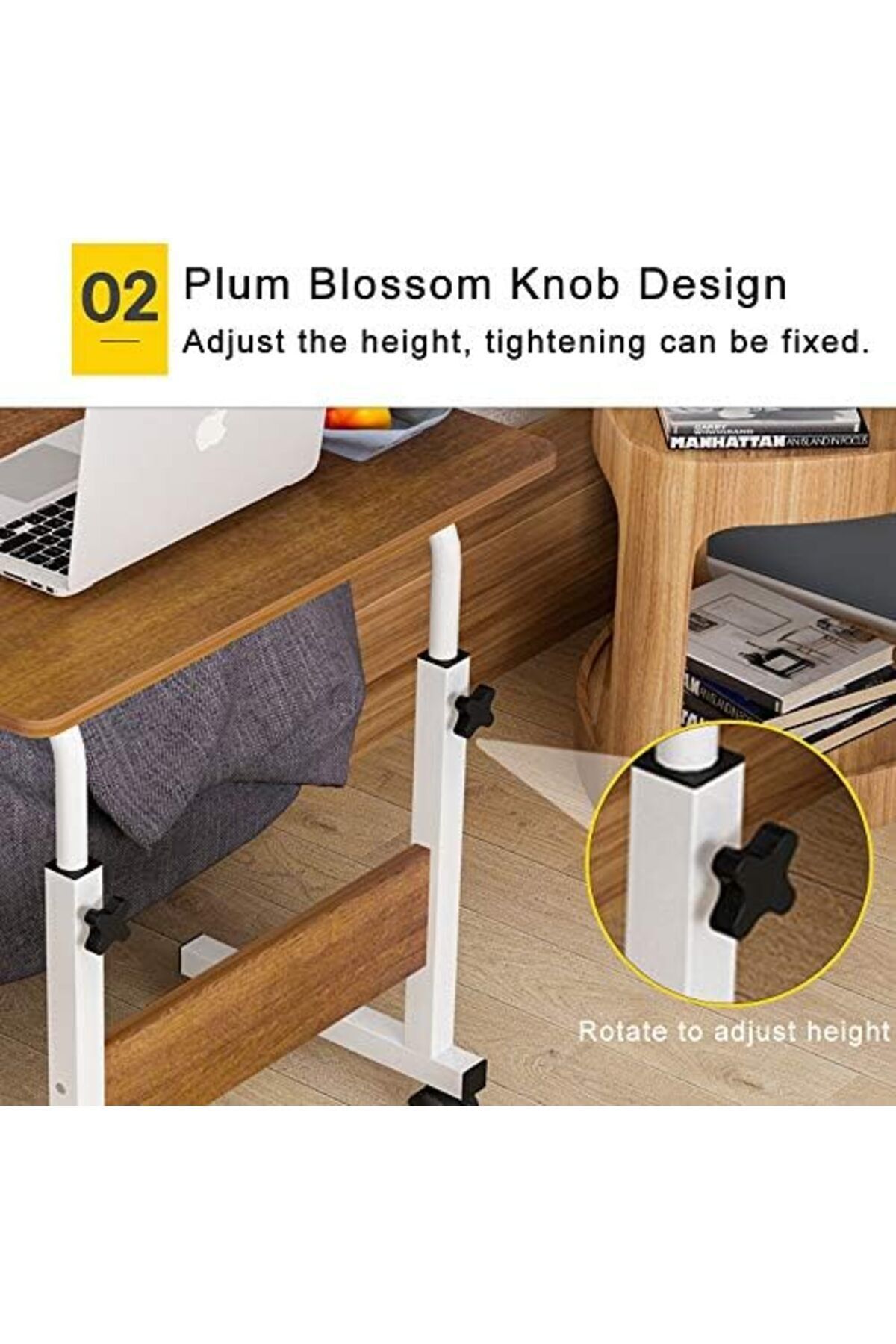 Türkiye-Mobile Bedside Computer Table, Adjustable Height Study Desk Laptop Desk, Side Table with 4 Wheels, f 3