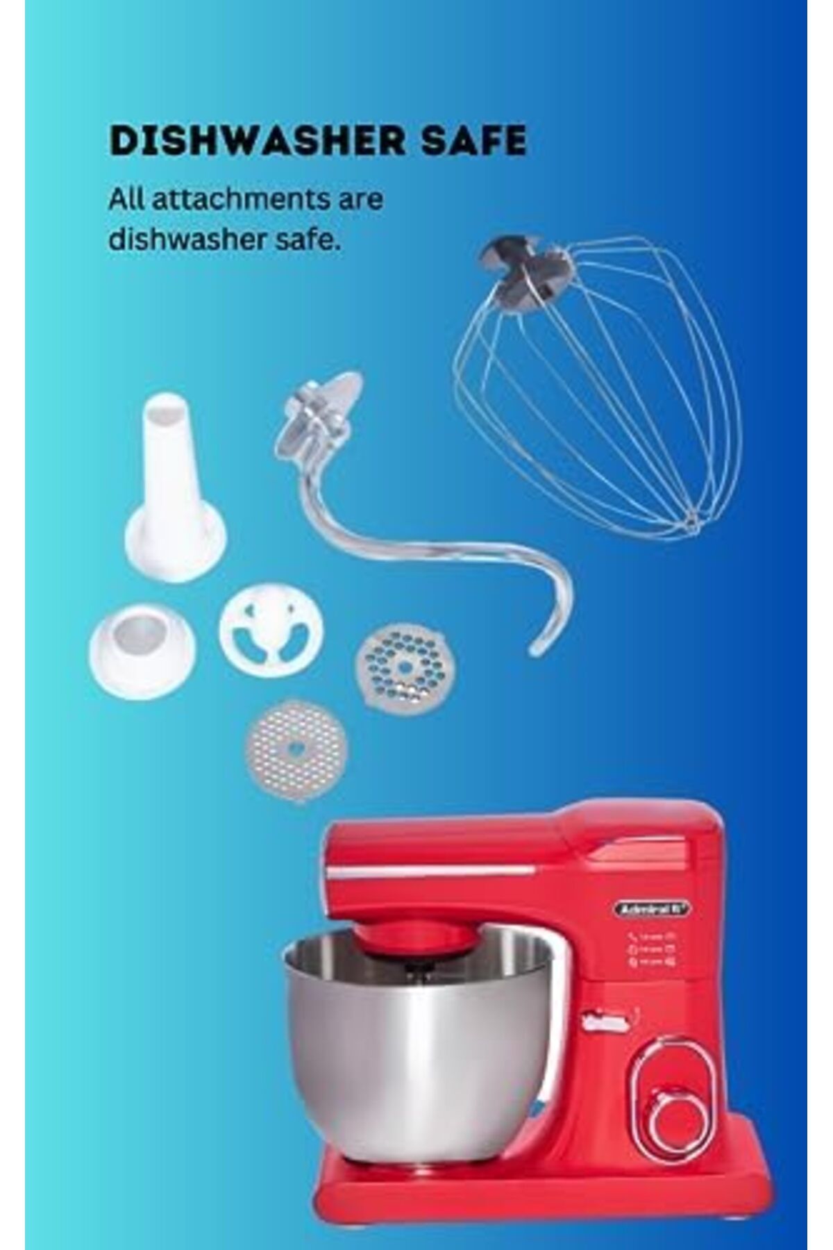 Admiral-Stand Mixer, 7L SS Bowl With 1.5L Glass Blender & 1 Set Meat Grinder, Low Noise 75dB Highest 8