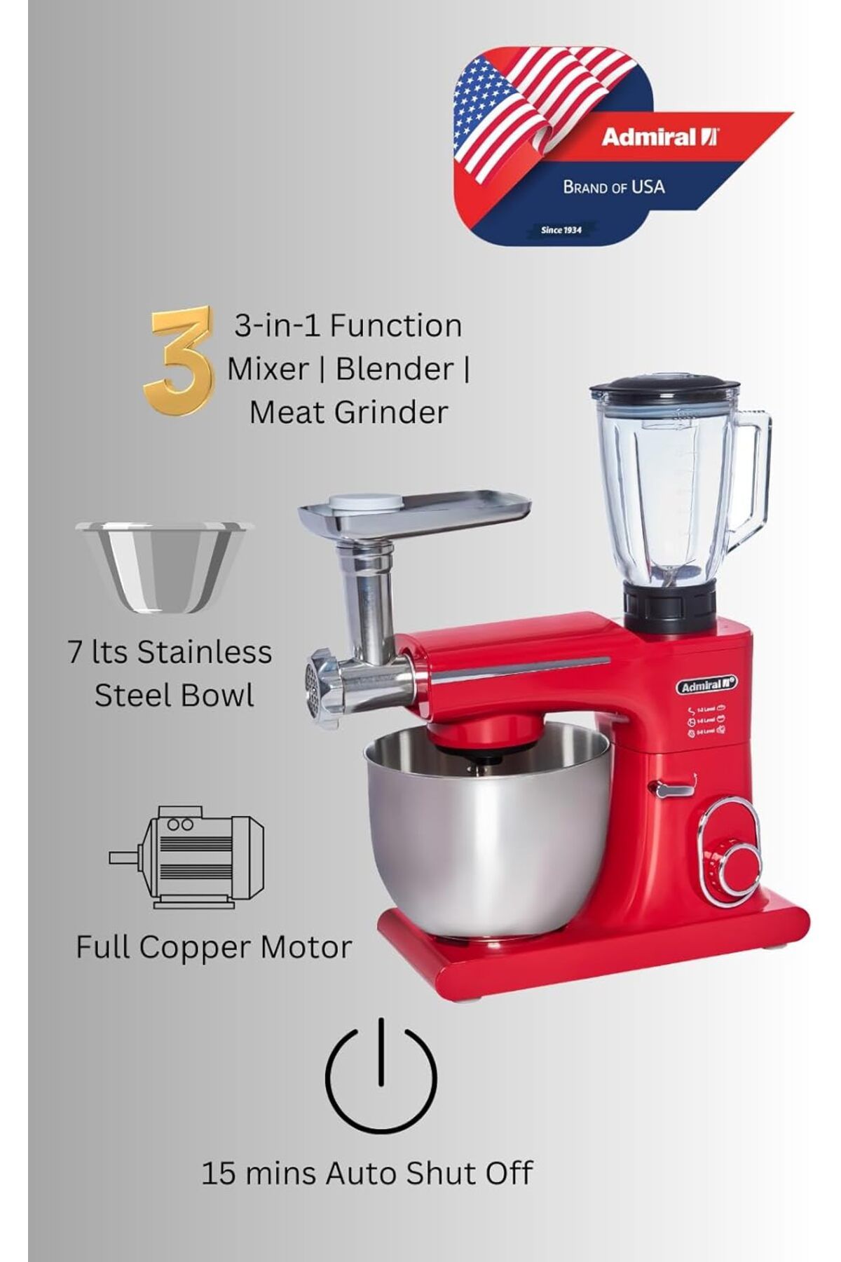 Admiral-Stand Mixer, 7L SS Bowl With 1.5L Glass Blender & 1 Set Meat Grinder, Low Noise 75dB Highest 3