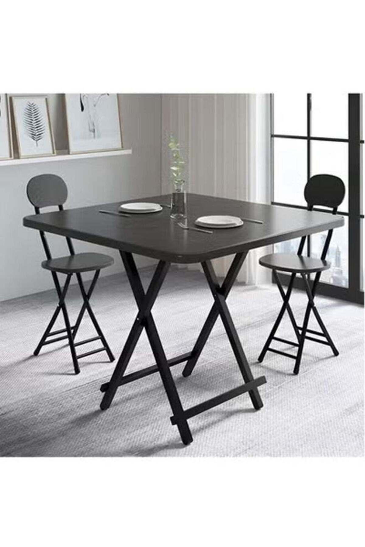 Taimi-5-Piece Folding Dining Set, Wooden Table 80x80x74cm with 2 Folding Chairs with Metal Frame - Black 5