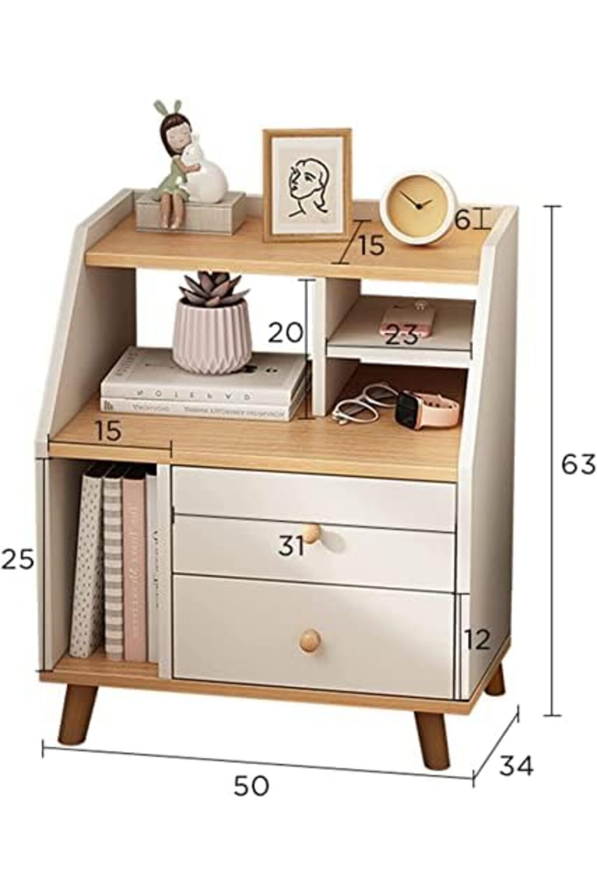 Türkiye-Bedside Cabinet, Bedside Tables Multi-Functional Modern Bedside Table with 2 Drawers and Open Shelf 4