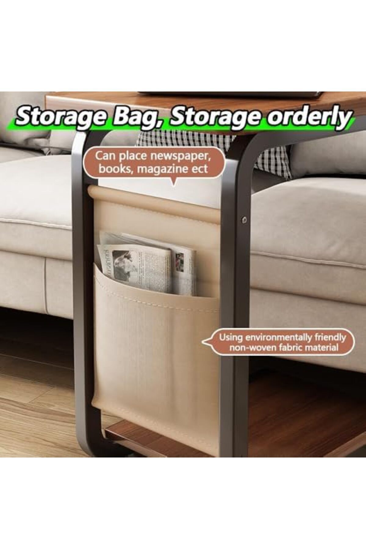 Türkiye-C Shaped End Table, Side Table with Metal Frame, End Table TV Tray, Sofa Table WIth Rolling Casters, 4