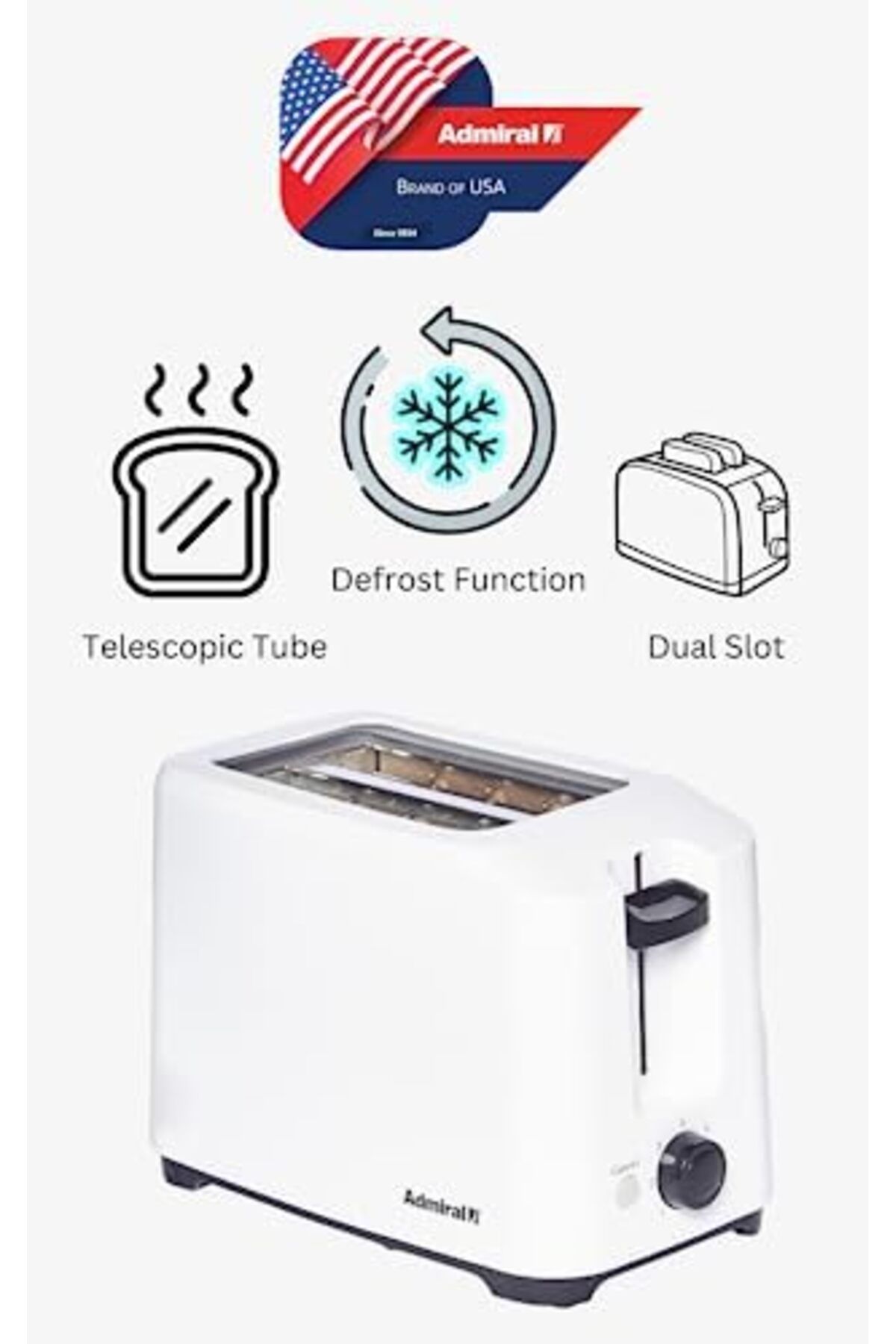 Admiral-Toaster 2 Slice Bread with Adjustable Browning Control, Removable Crumb Tray for Easier Clea 3