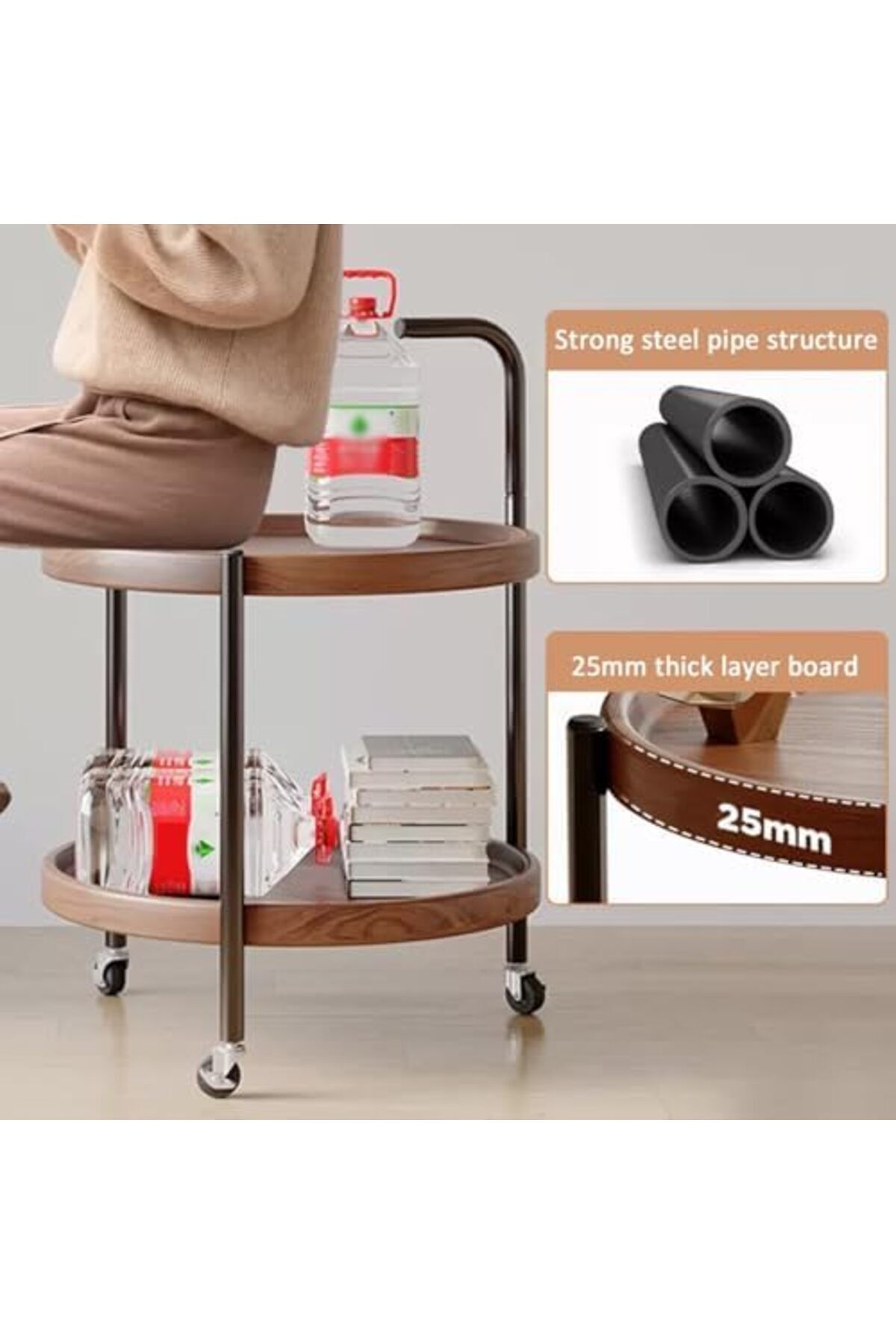 Türkiye-Round Coffee Table with Rolling Wheels, Movable End Table/Bedside Table, 2 Layers Small Trolley for 4