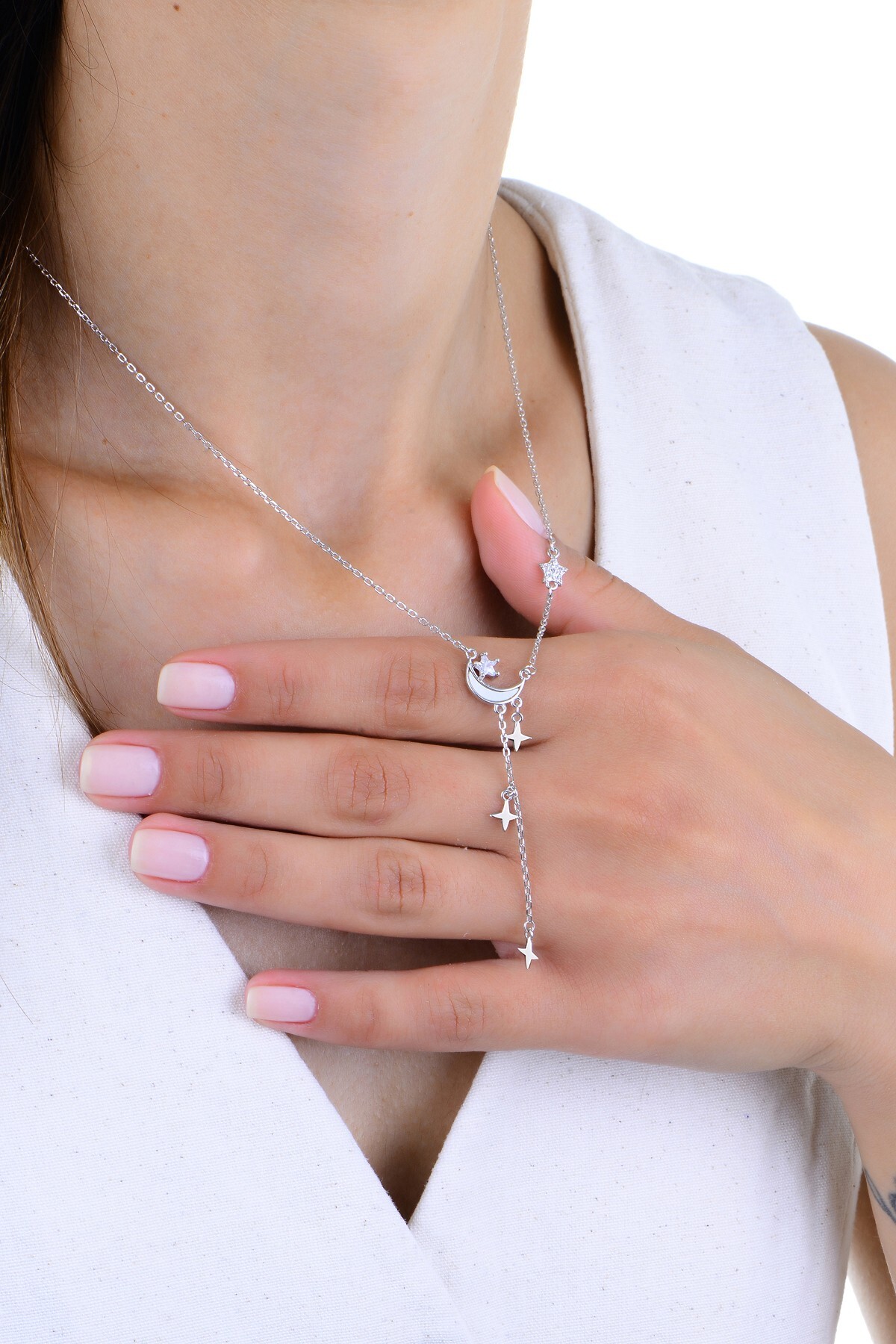 Söğütlü Silver Gümüş rodyumlu zirkon ve taşlı ay ışığı yıldız yağmuru kolye SGTL12962RODAJ görsel 3