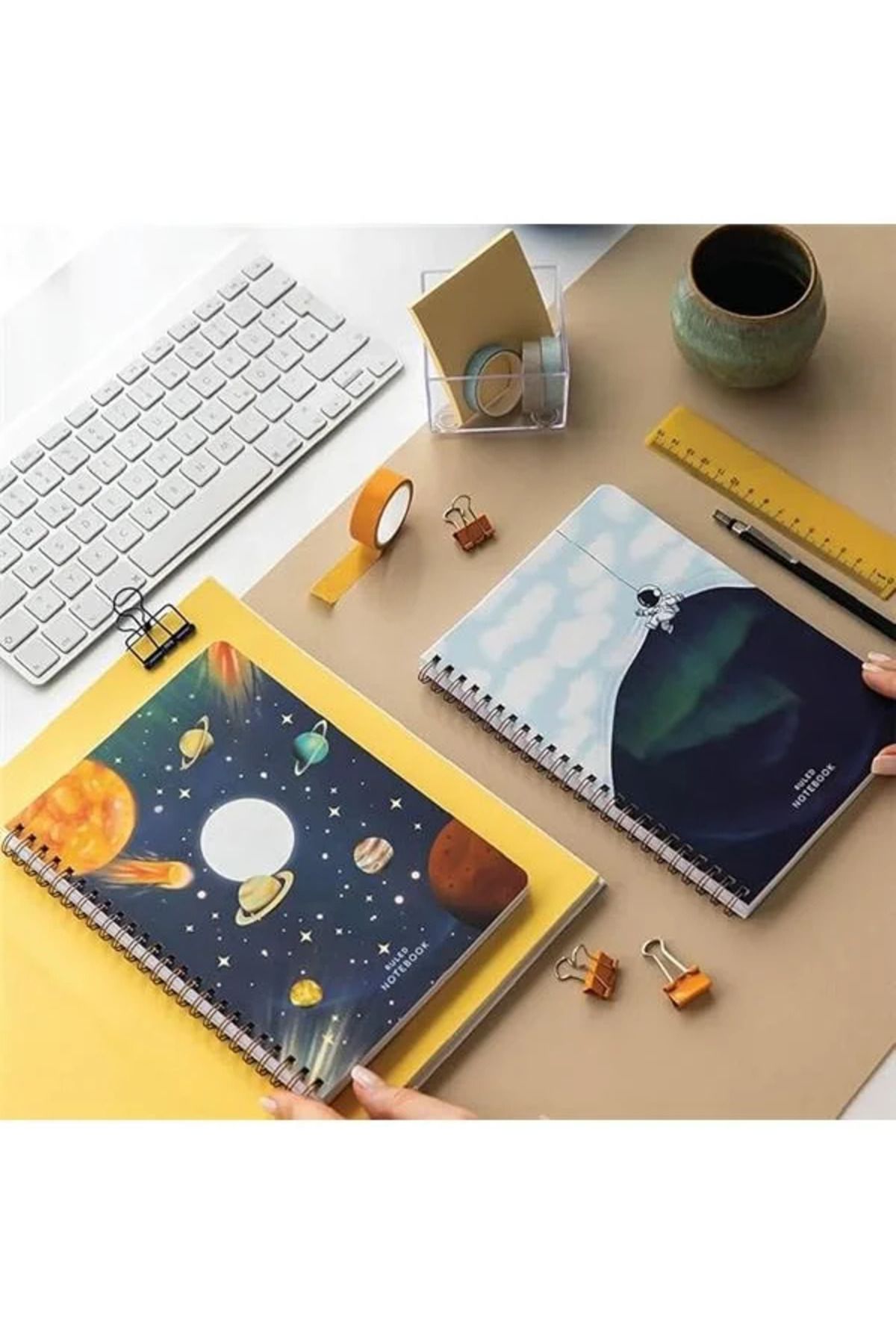 Mu Art Ahşap-A5 Spiral Cardboard Cover Set of 2 Lined School Notebook 80 Sheets, Galaxy with Lesson Schedule 1