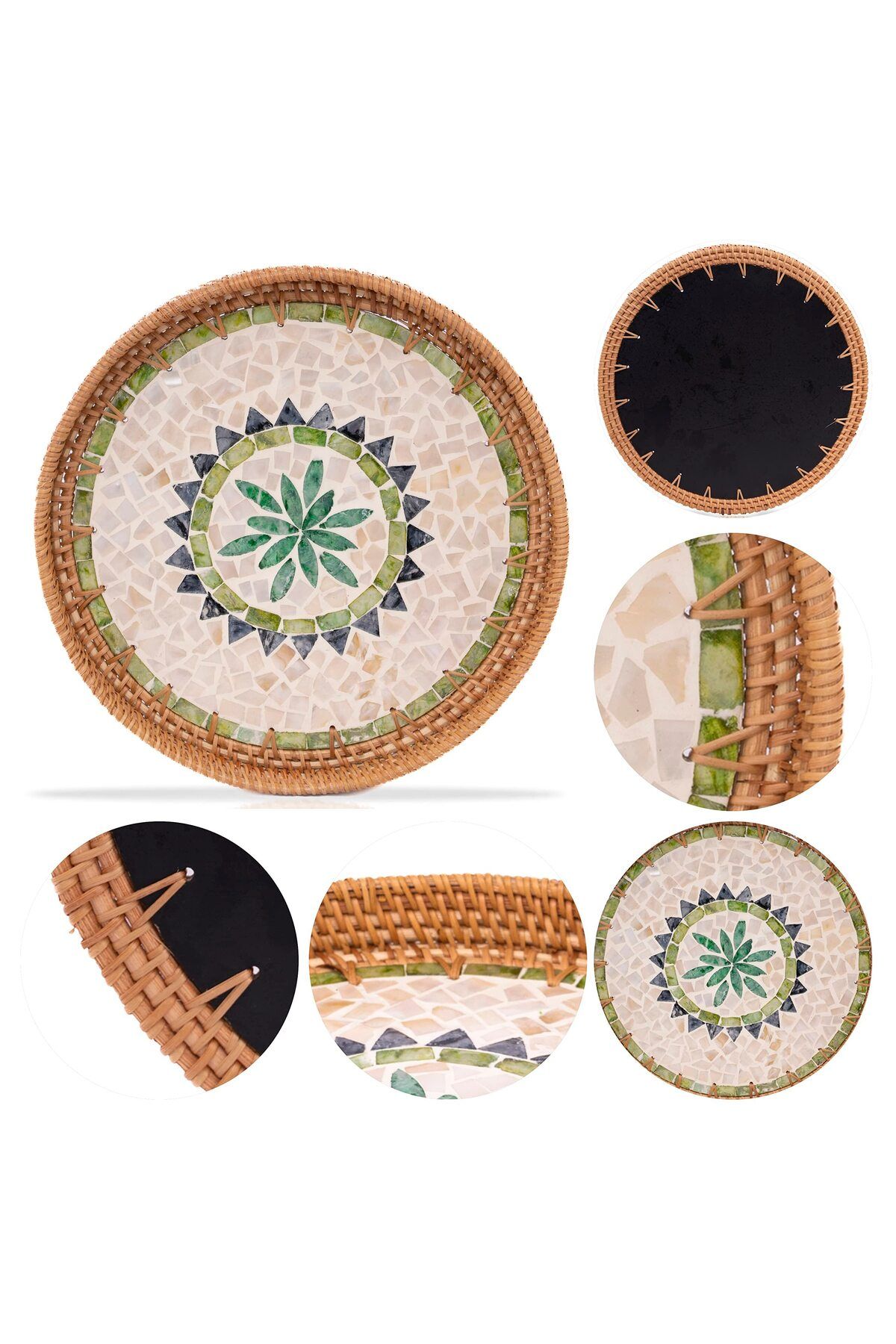 Cozy Nest-Handmade Rattan Tray Set of 2 with Mother-of-Pearl Inlay Round Boho Decorative Trays 3