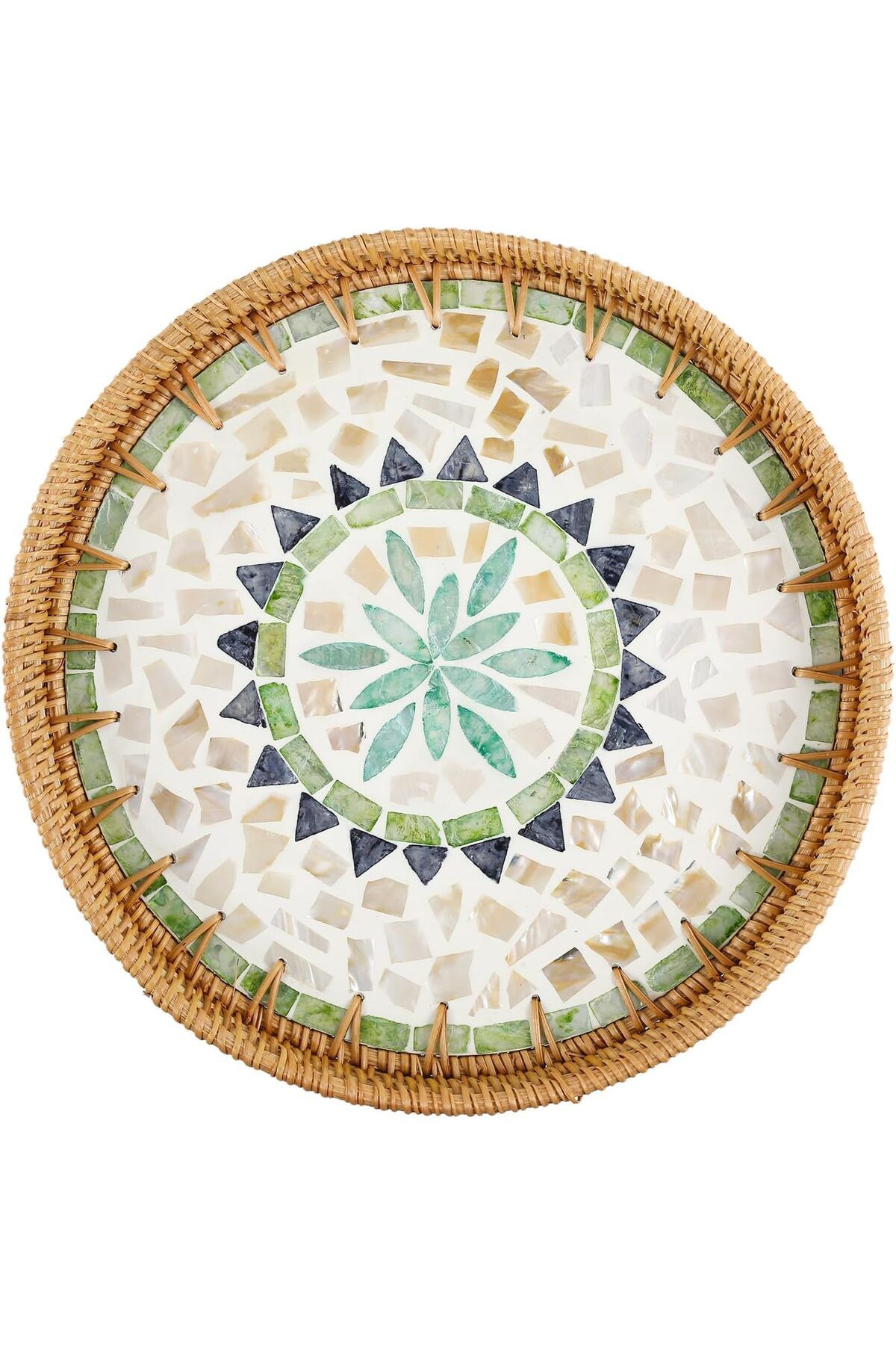 Cozy Nest-Handmade Rattan Tray Set of 2 with Mother-of-Pearl Inlay Round Boho Decorative Trays 7
