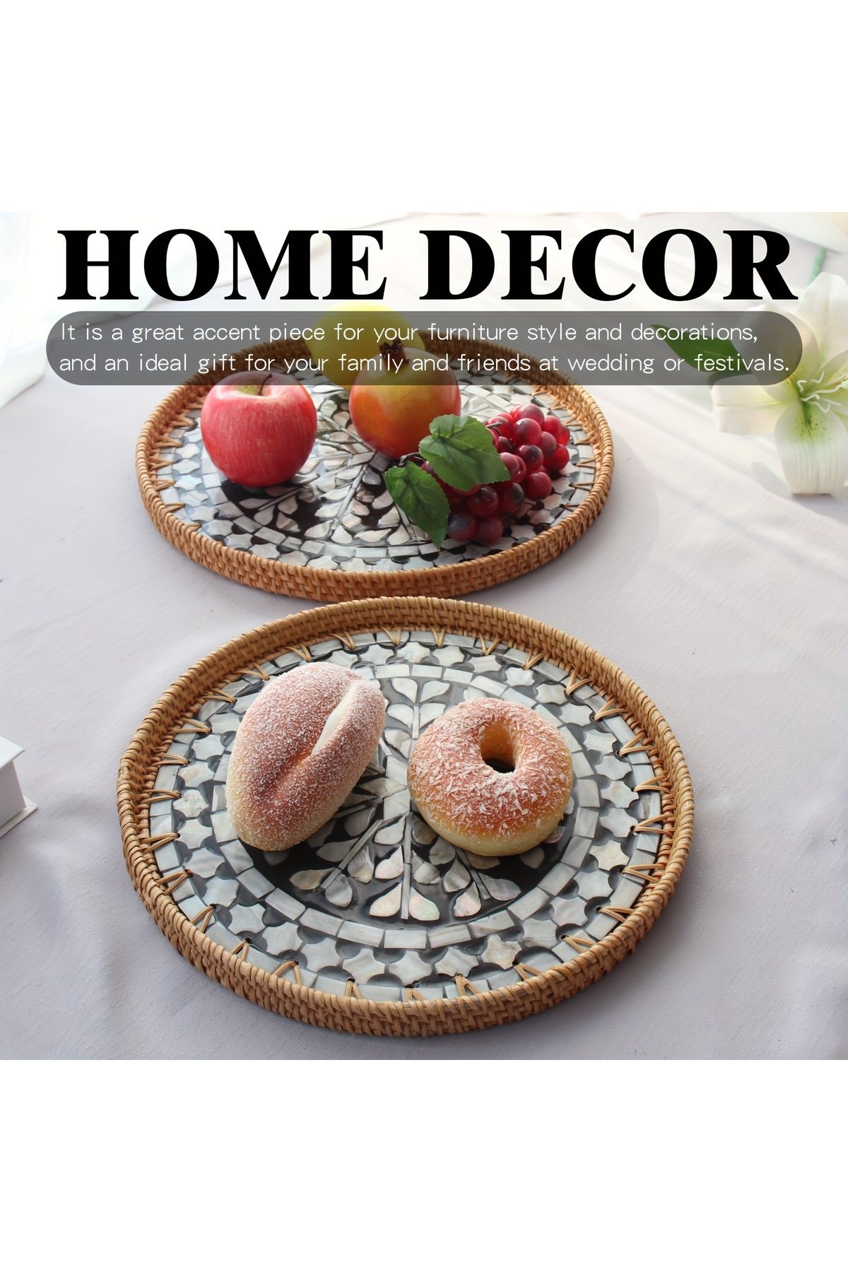Cozy Nest-Handmade Rattan Tray Set of 2 with Mother-of-Pearl Inlay Round Boho Decorative Trays 5