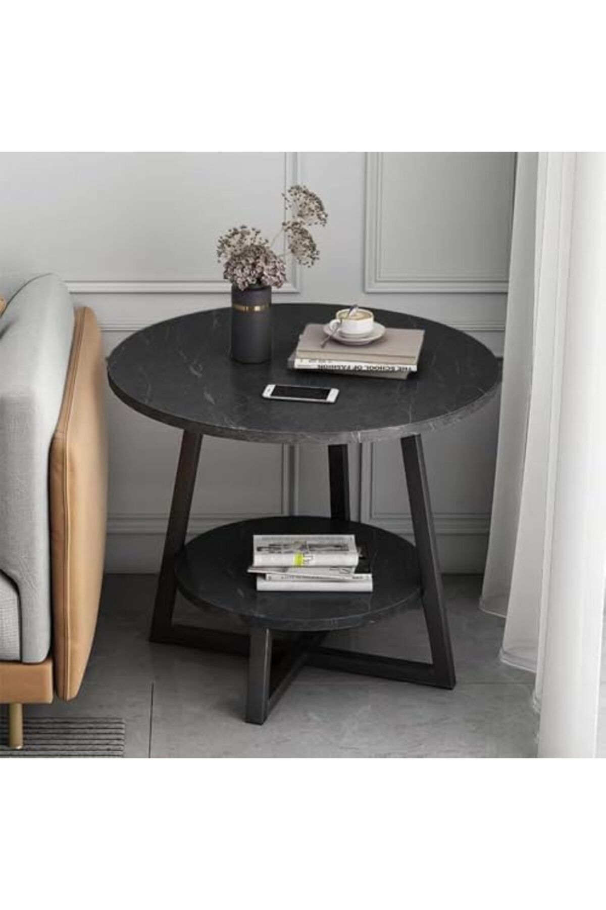 Türkiye-2-Layer Round Coffee Table,End Tables for Living Room, Side Tables, Sturdy and Easy Assembly,Double- 5