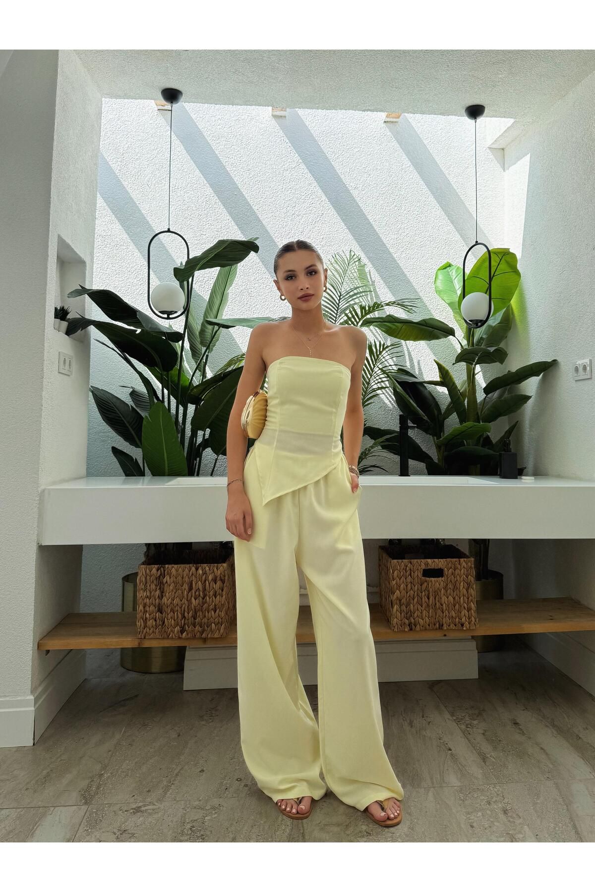 Bak'ap-Premium Cotton Asymmetrical Strapless Blouse Wide Leg Pants 2 Piece Set 1