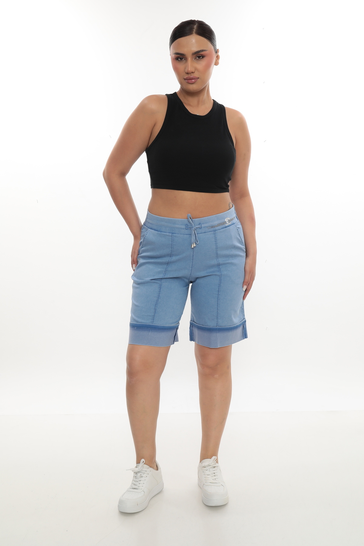 EXİTLİNE-Women's Summer Indigo Color Stone Bermuda Shorts Capri 1