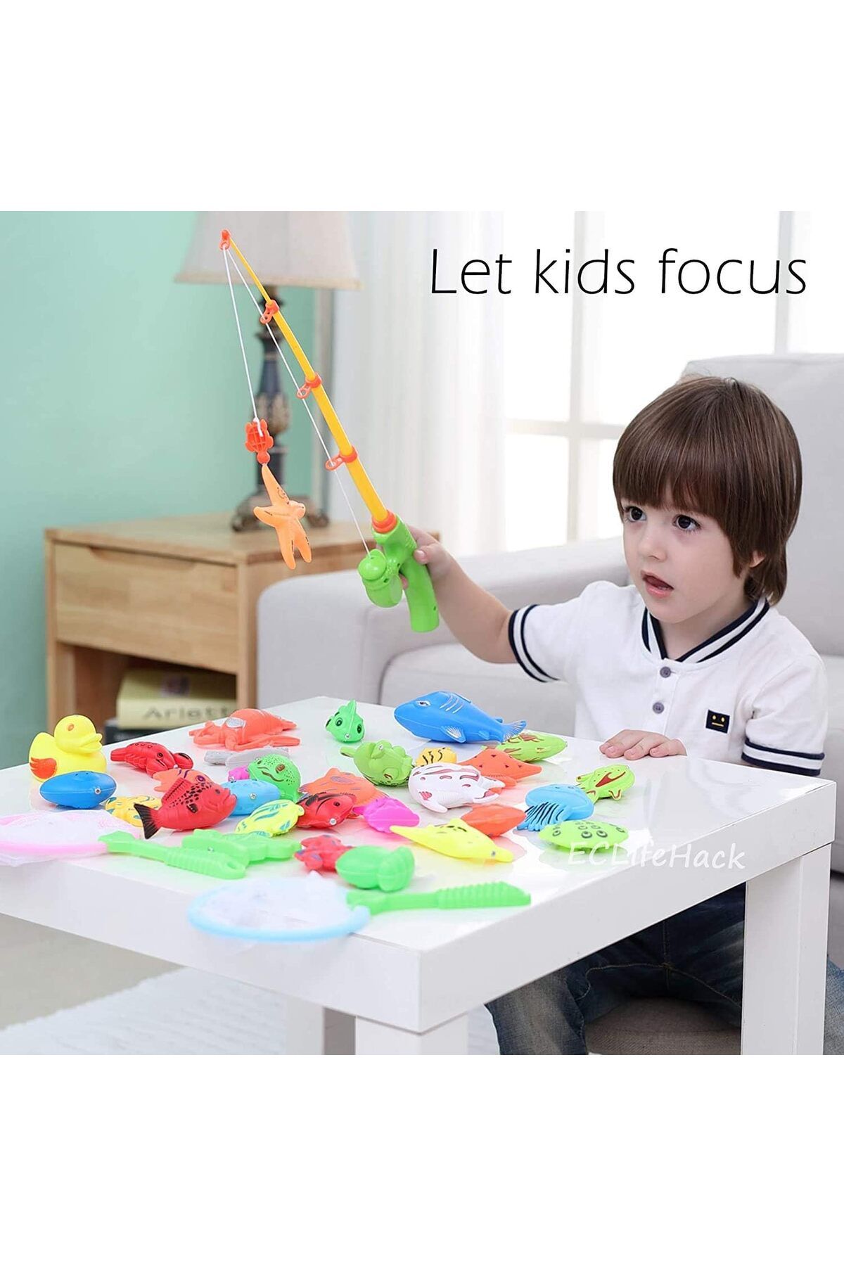 unbranded-Children's Magnetic Fishing Game with 3D Fish Models, 50 Pieces with Pool and Inflator 6