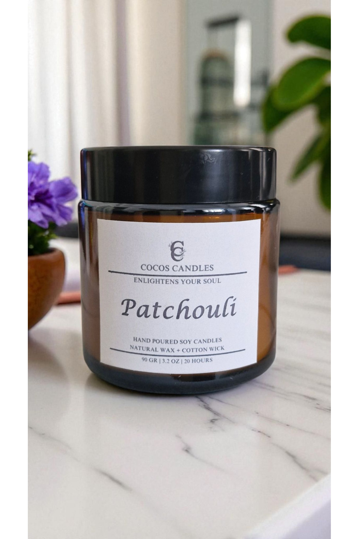 Natural Soy Candle with Patchouli Essence – Meditation and Aromatherapy – Amber Glass – 90 g – Cocos Candles