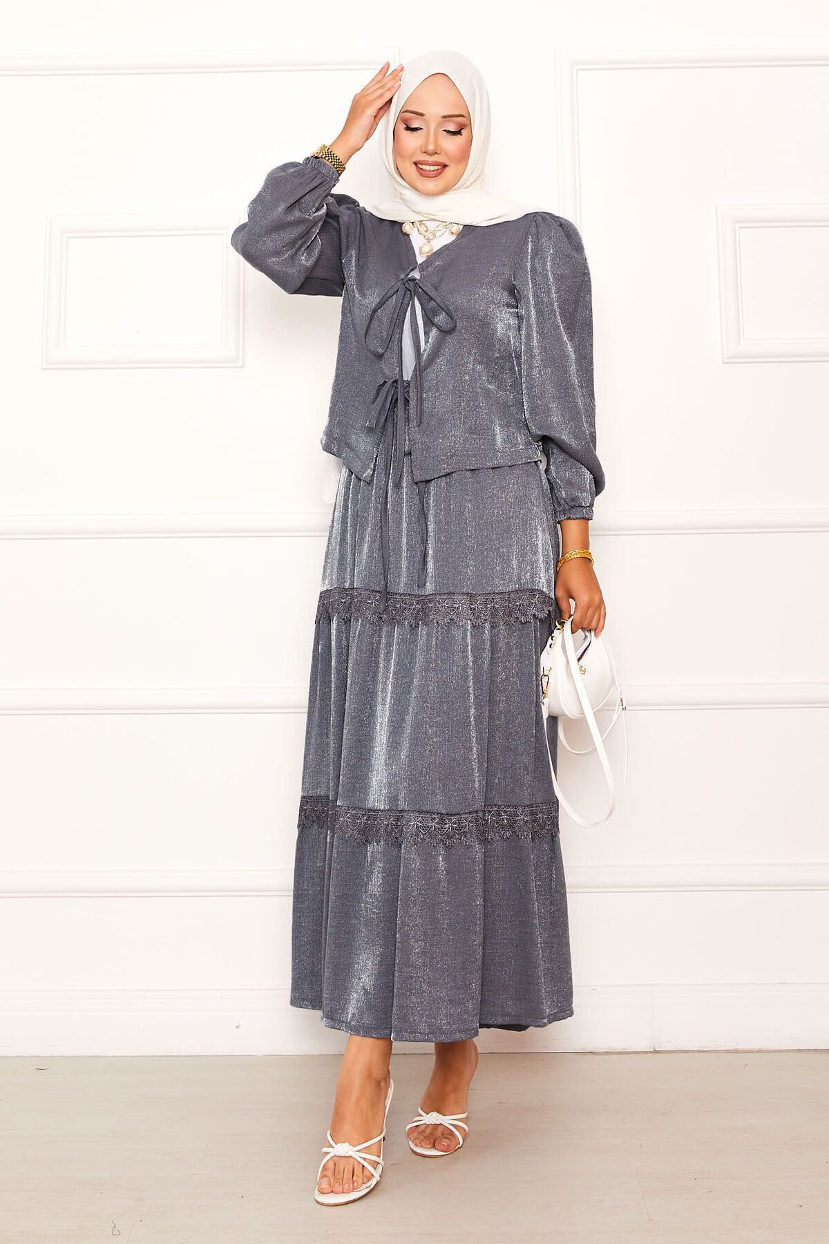 EBRUTESETTÜR-Guipure Detailed Skirted Kimono Suit 3