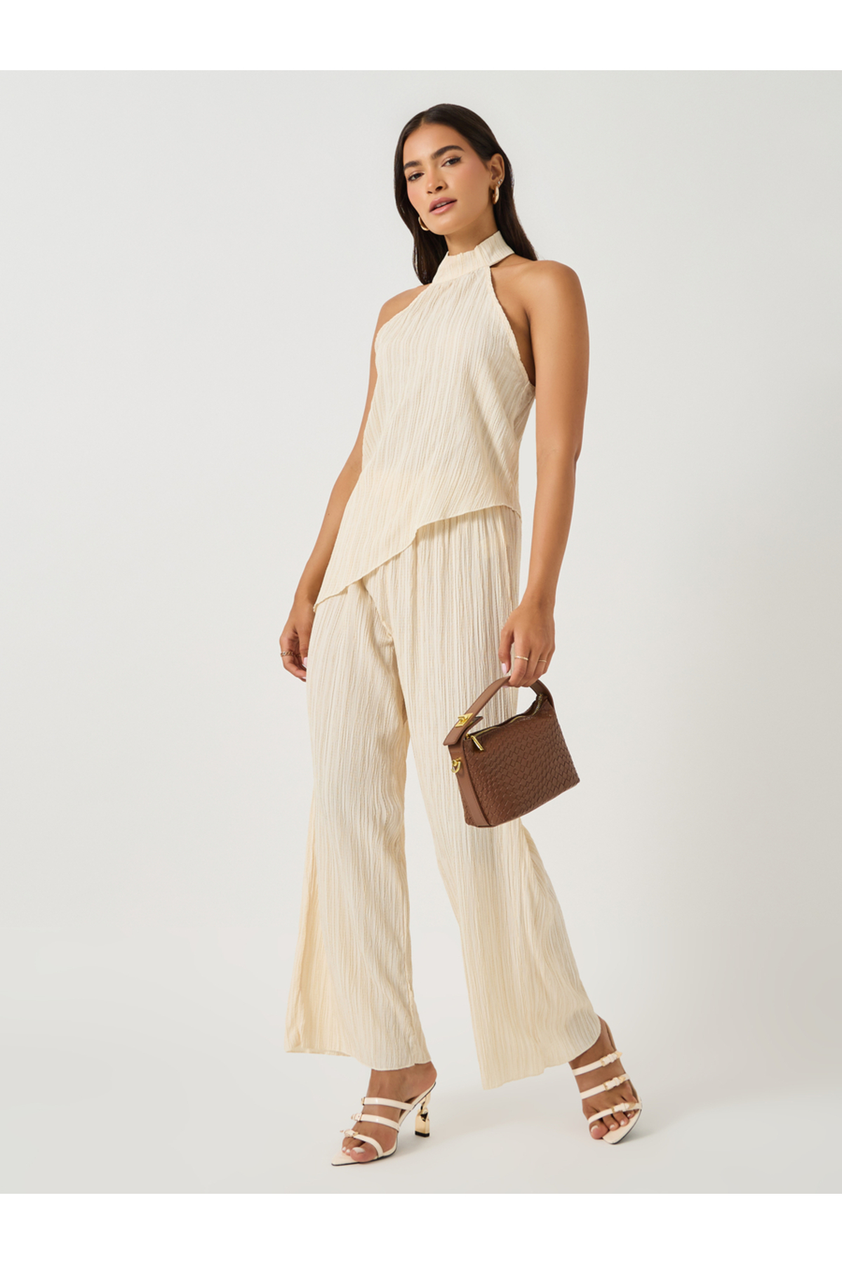 Take Two By Styli Textured Halter Neck Asymmetric Hem Top and Wide Leg Pants Co-Ords