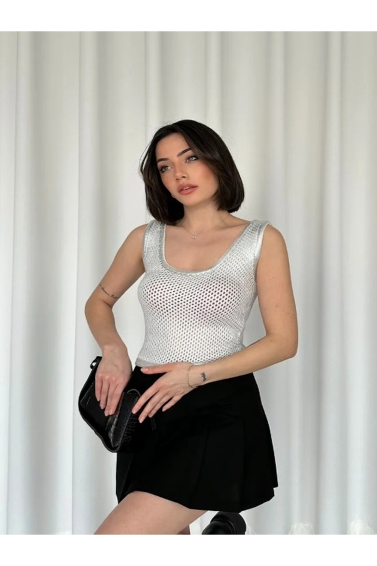 My Blog-Ecru-Silver Foil Print Openwork Undershirt - 4272 4