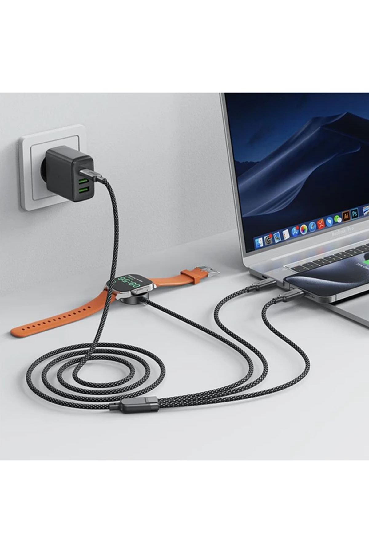 Acefast-Cablu 3 în 1 USB-C - 2x USB-C / Încărcător Apple Watch Qi 480Mb/s 100W 1,2m - negru 4