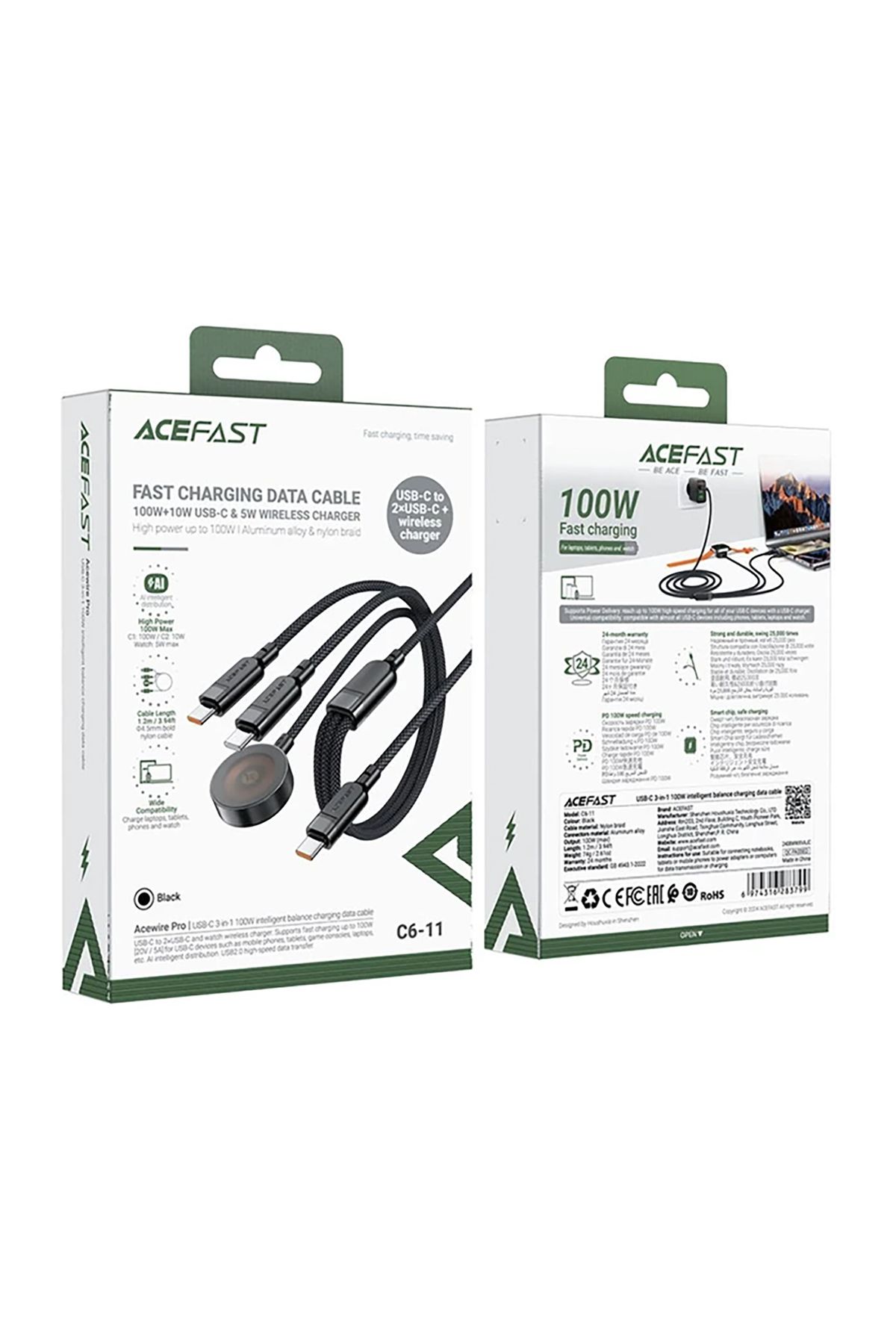 Acefast-Cablu 3 în 1 USB-C - 2x USB-C / Încărcător Apple Watch Qi 480Mb/s 100W 1,2m - negru 5