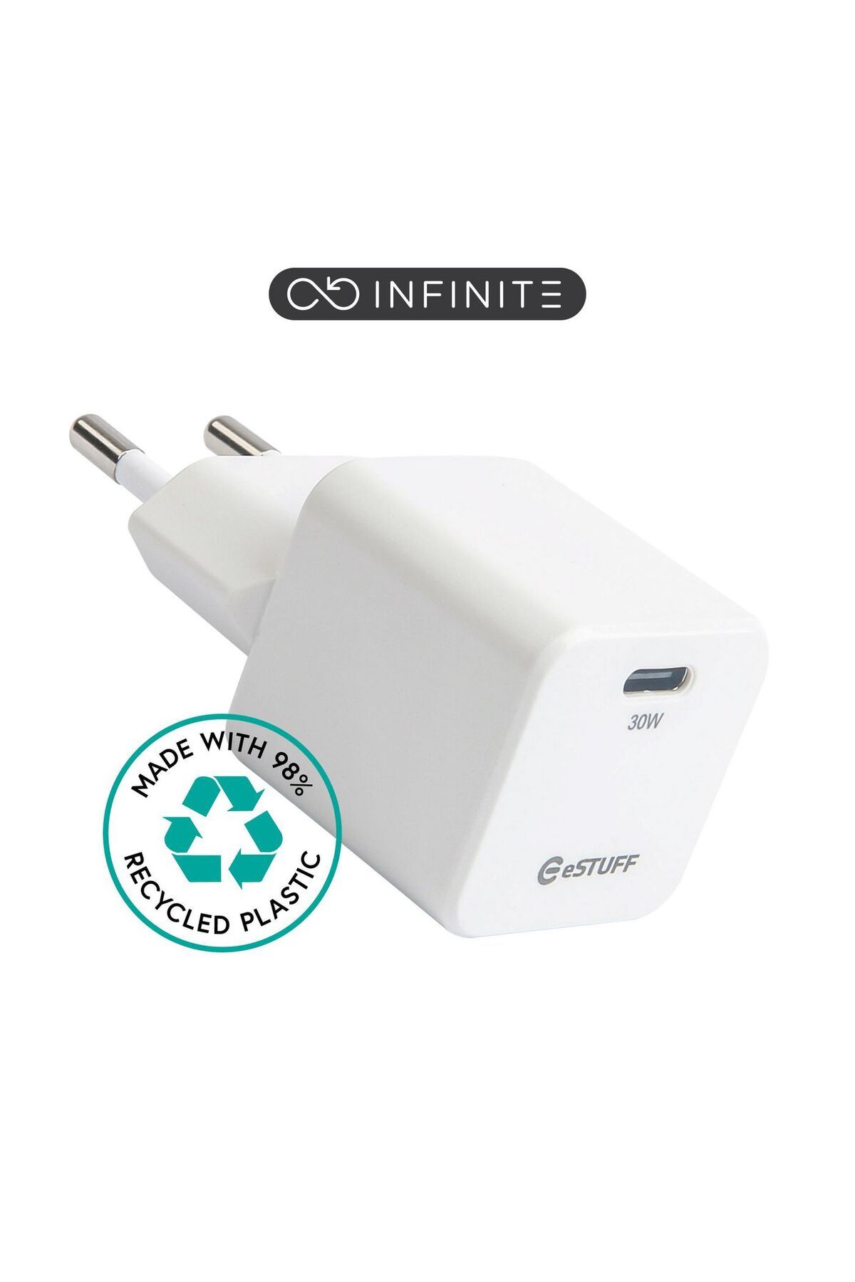 Inna marka-eSTUFF INFINITE Ładowarka USB-C 30W GaN EU. 1x USB-C. Biała. 98% z recyklingu., ES637027-BULK 1
