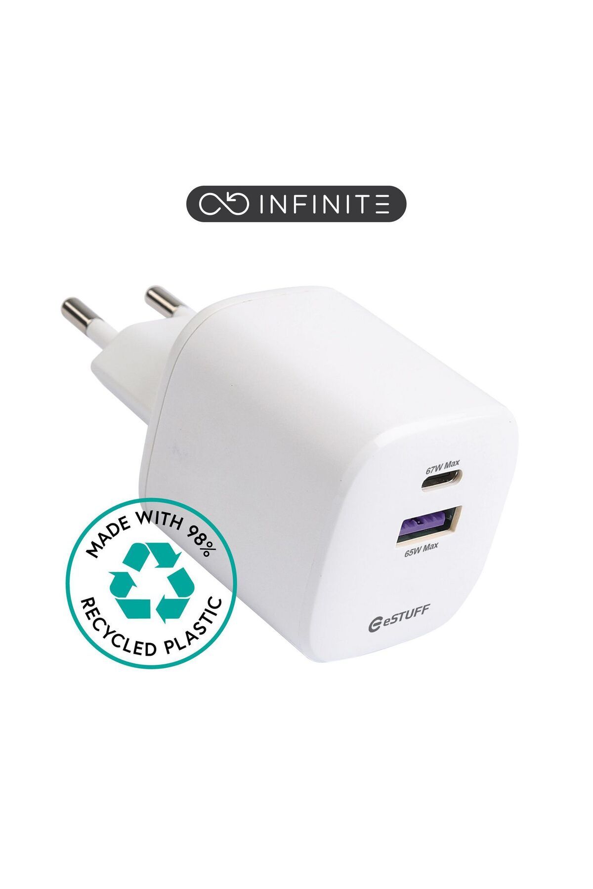 Inna marka-eSTUFF INFINITE Ładowarka USB-C PD 67W GaN, 1xUSB-C, 1xUSB-A, Biała, 98% z recyklingu, ES637065 1