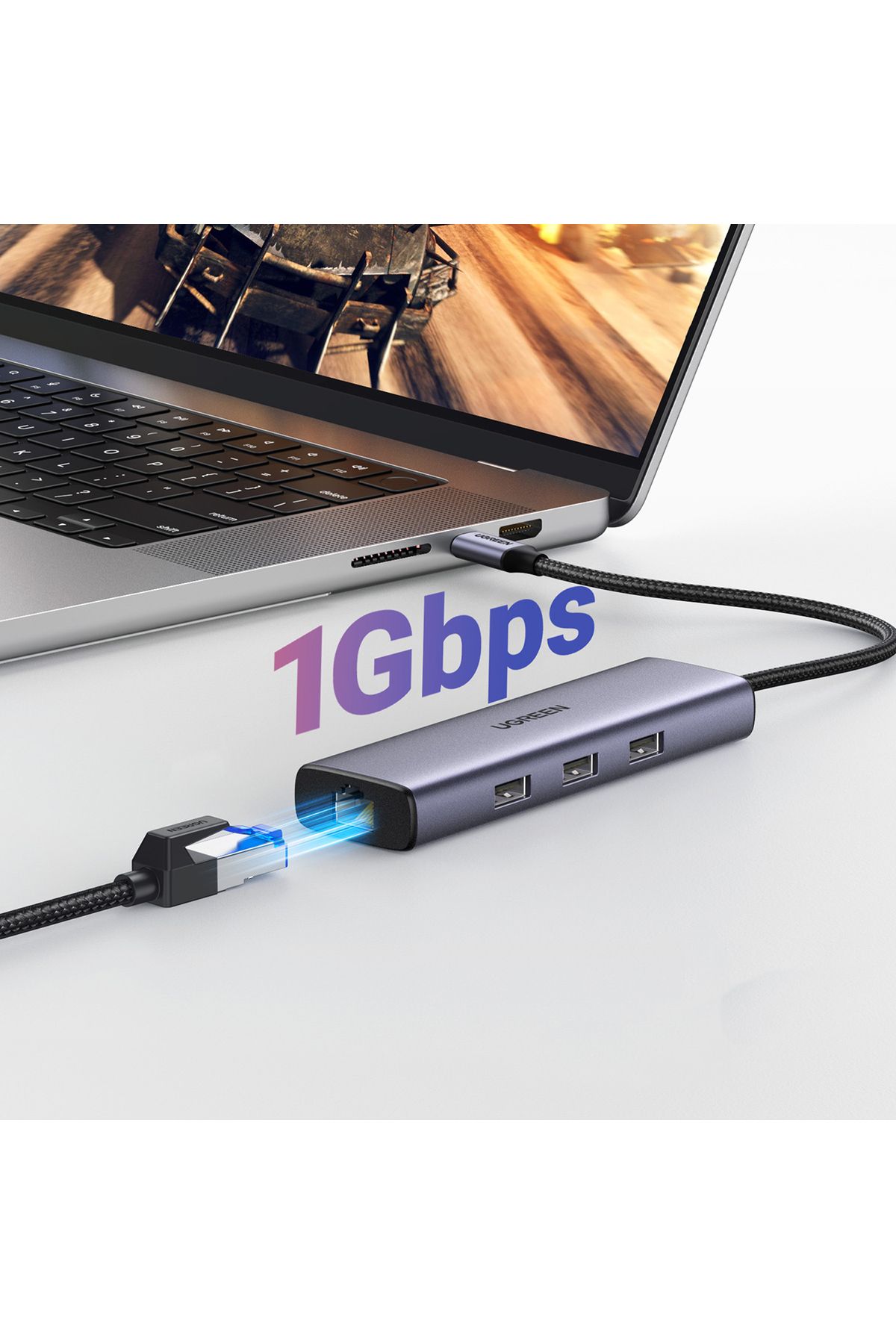 Ugreen-Adaptor HUB 6 în 1 USB-C - 3x USB-A 3.0 / HDMI / RJ45 / USB-C PD - gri 4