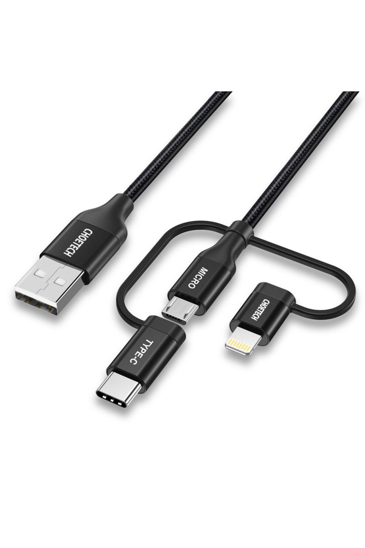 CHOETECH-Cablu MFI Lightning USB Tip C Micro USB 3 în 1 1,2 m Negru 1
