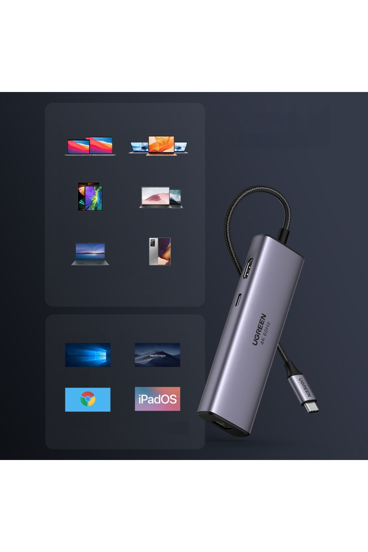 Ugreen-HUB USB-C multifuncțional 7 în 1 - 2x USB HDMI 4K Cititor de carduri SD și TF USB-C RJ45 1Gbps Gri 8