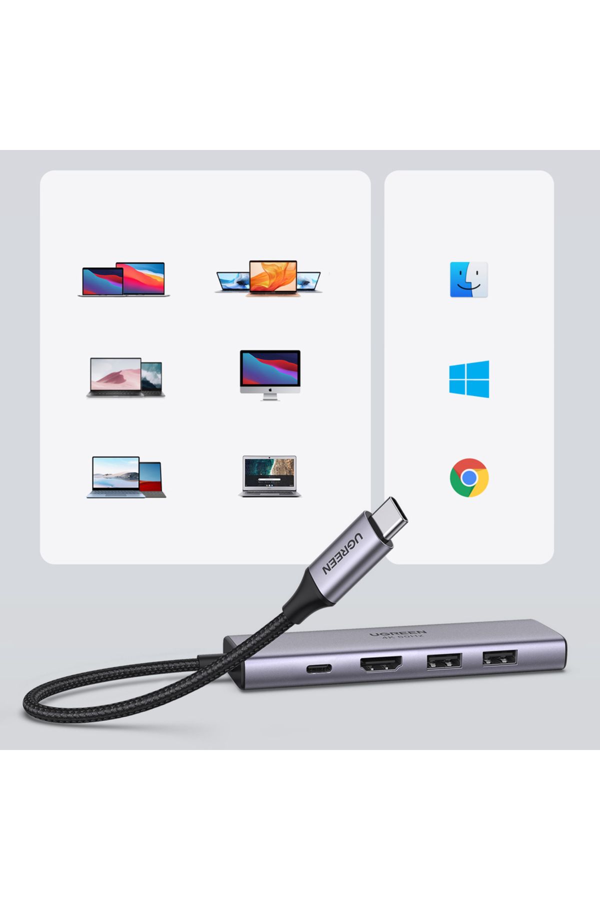 Ugreen-HUB USB-C multifuncțional 6 în 1 - 2x USB HDMI 4K Cititor de carduri SD și TF USB-C PD 100W Gri 9