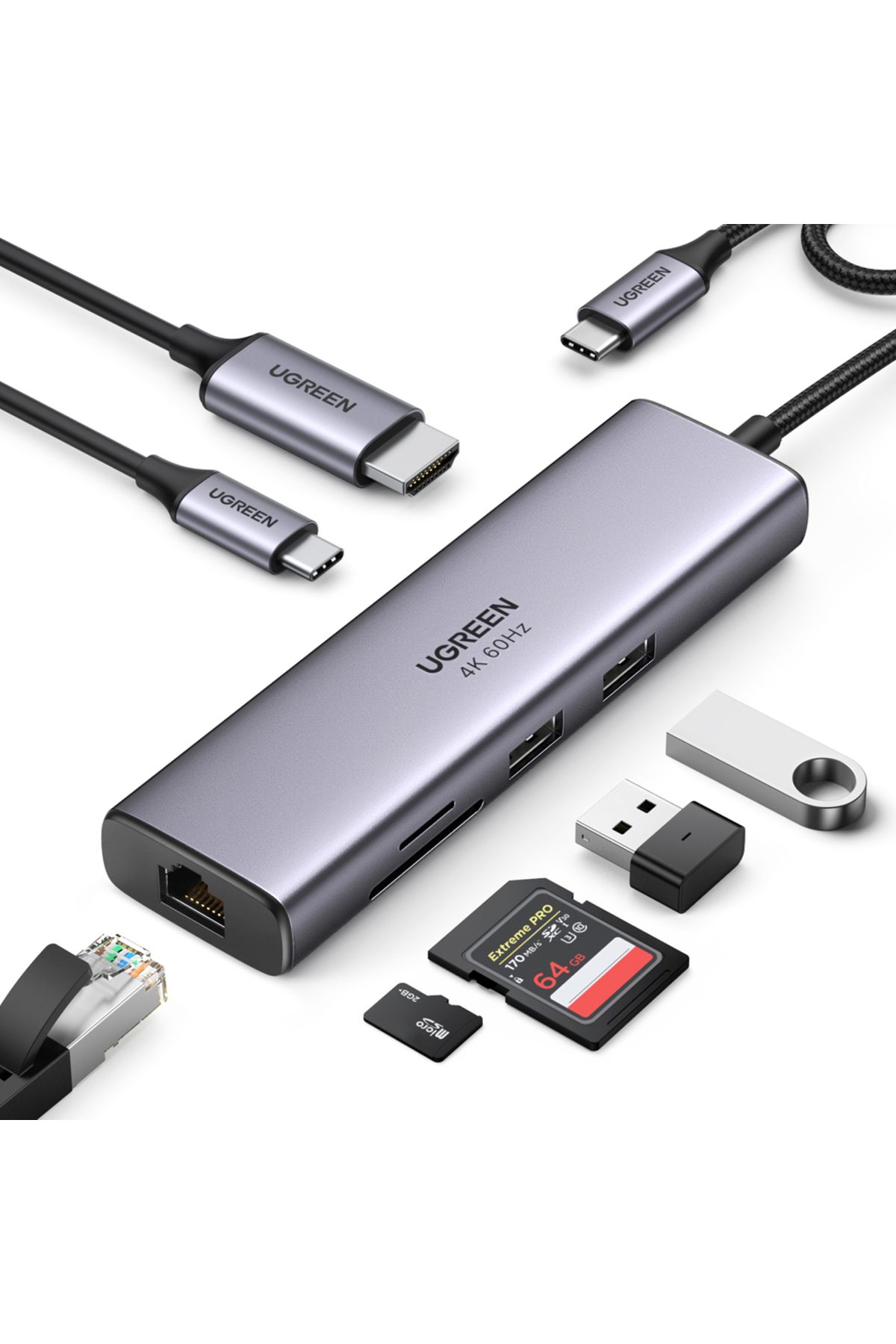 Ugreen-HUB USB-C multifuncțional 7 în 1 - 2x USB HDMI 4K Cititor de carduri SD și TF USB-C RJ45 1Gbps Gri 2