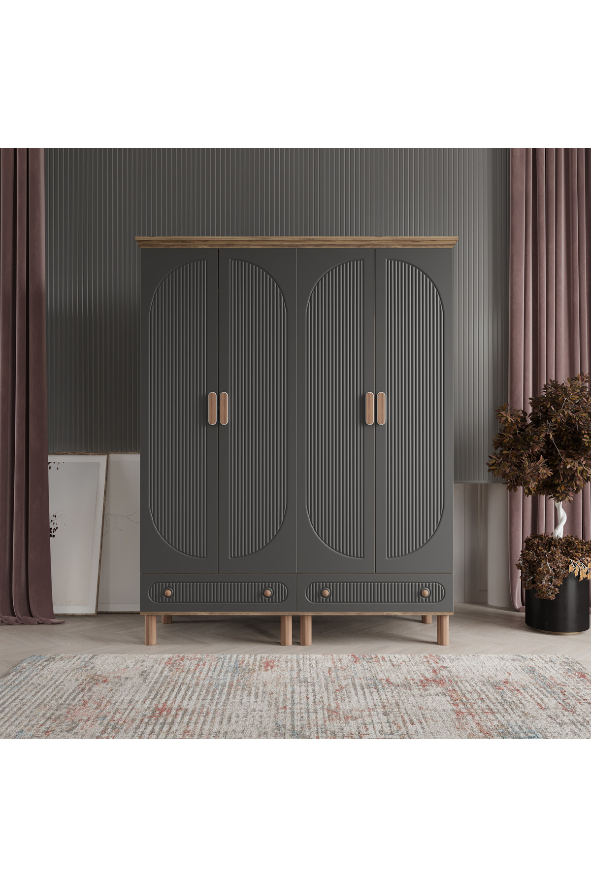 beenal Bohem 4 Kapılı Gardırop Çekmeceli Dolap 160cm - Atlantik Çam/antrasit