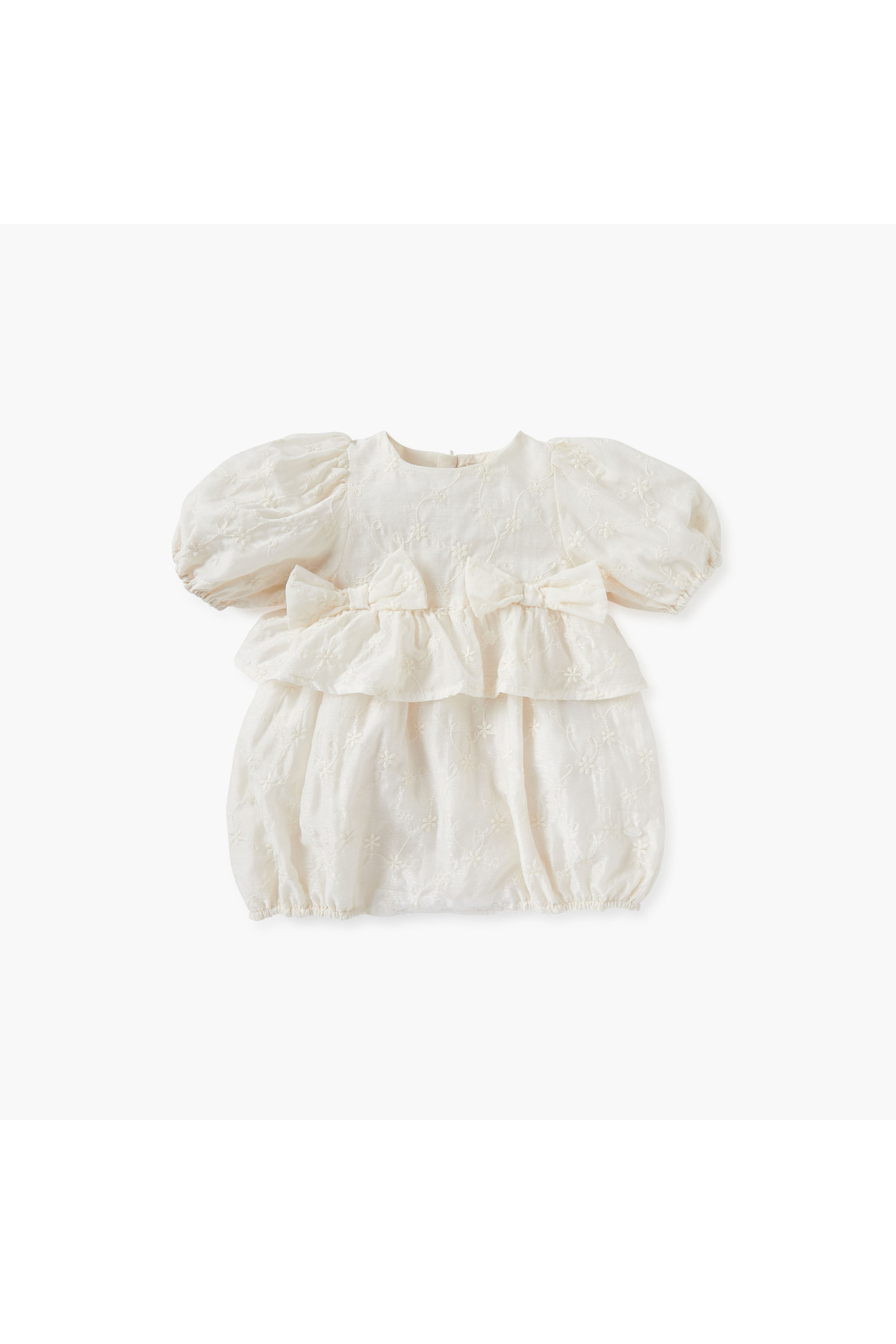 giggles Floral Embroidered Romper with Bow Applique and Short Sleeves