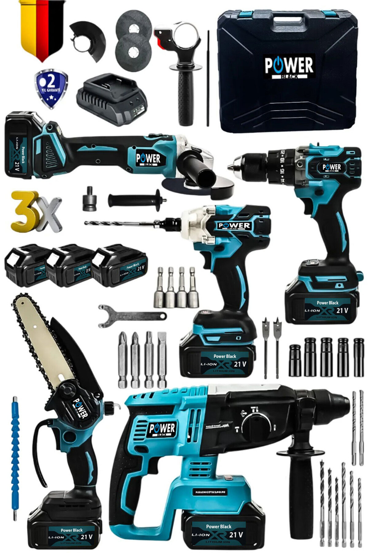 POWER BLACK 5Li Set Kömürsüz Motor 3x Akü Taşlama Somun Sıkma Kırıcı Delici Matkap & Dal Budama Testere Makinesi