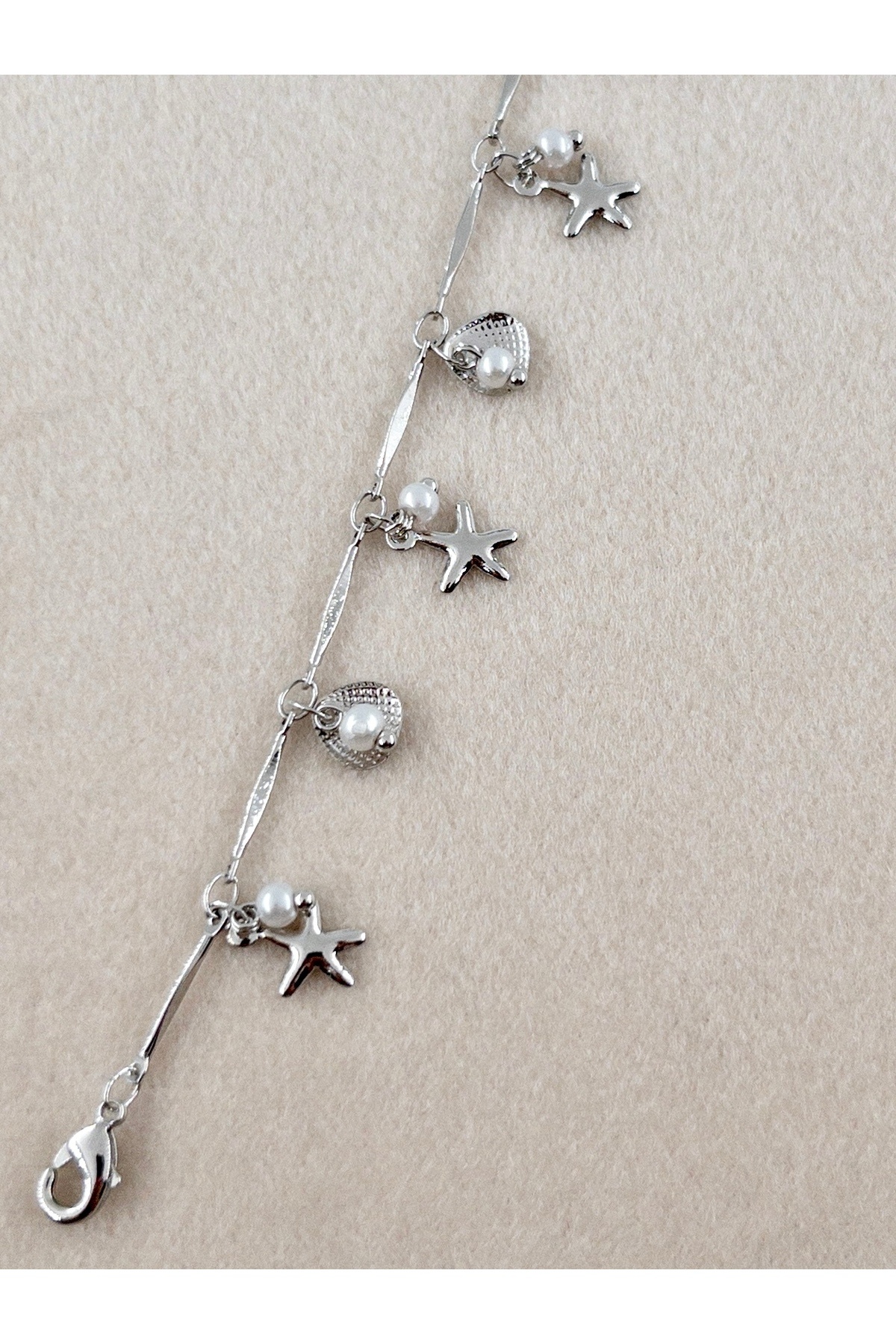 Siya Silver Deniz Yıldızı ve İstiridye Figürlü İncili Çelik Halhal