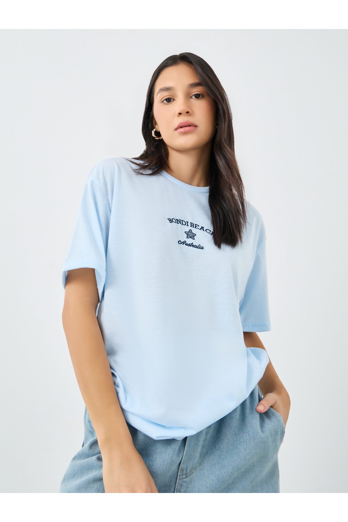 Styli Women Light Blue Bondi Beach Embroidered Oversized T-Shirt