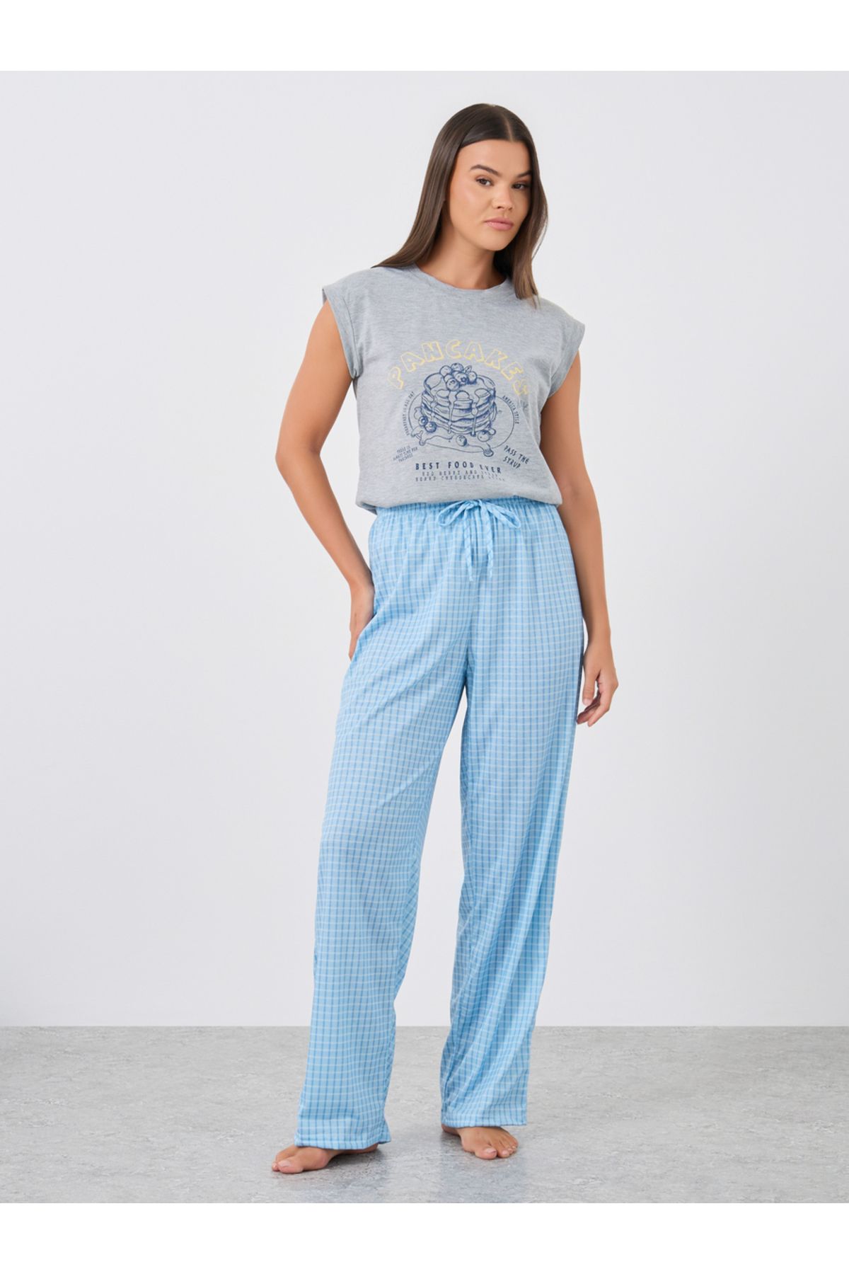 Styli-Pancake Graphic Print Tank and Gingham Checked Pyjama Set 2