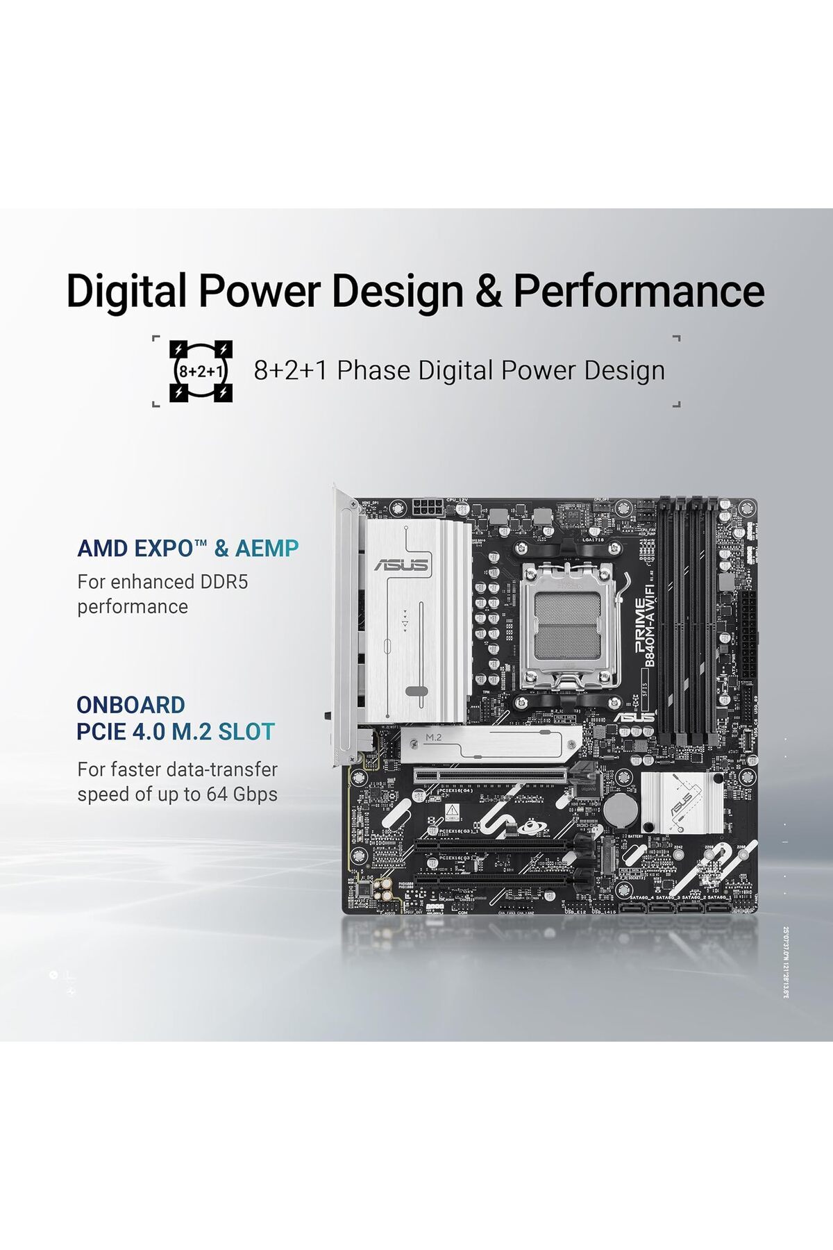 ASUS-Prime B840M-A Wi-Fi AMD AM5 (AMD B840, mATX, DDR5 Memory, 3X M.2, PCIe 4.0, Wi-Fi 6E, Aura Sync 5
