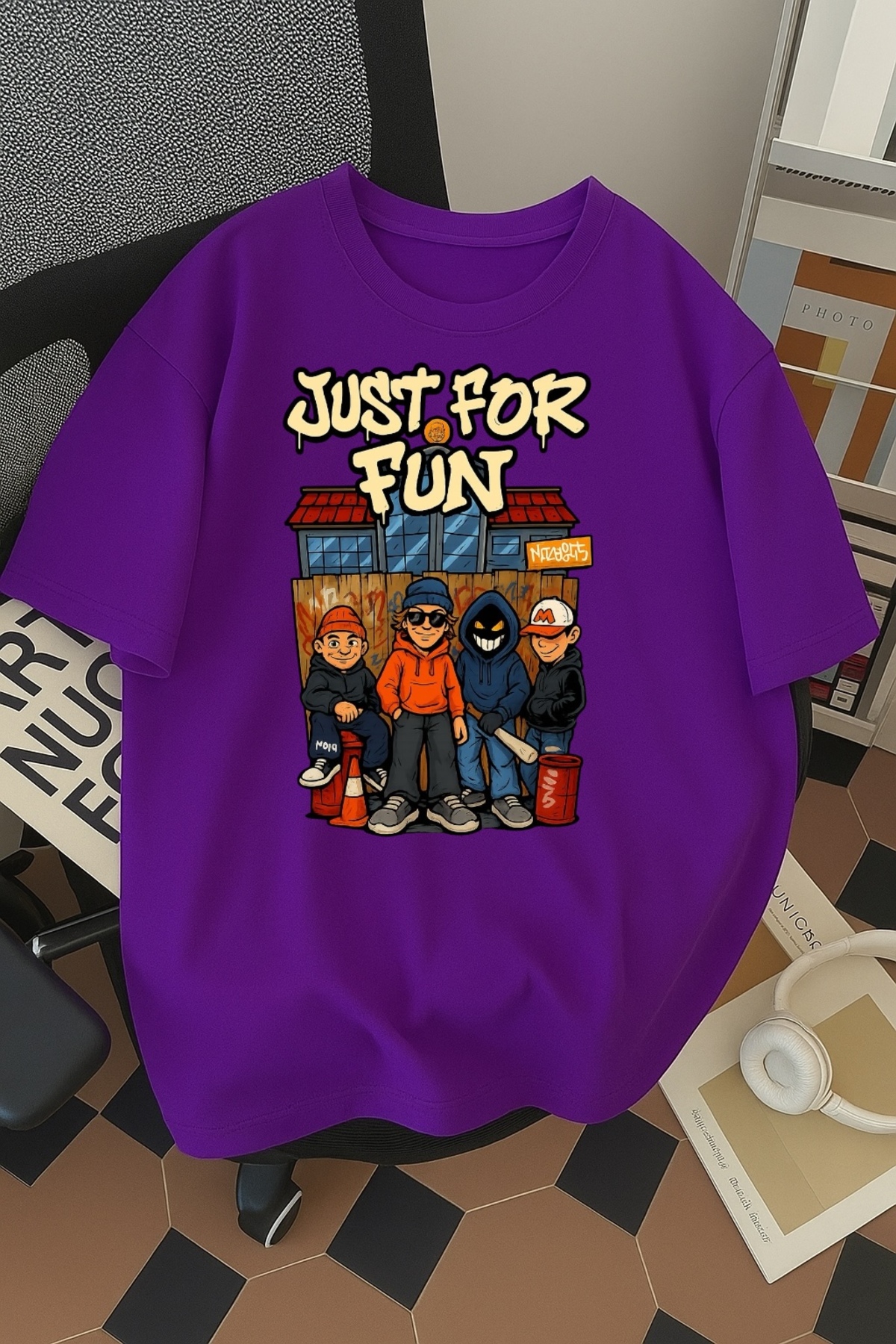 Genel Markalar Unisex Erkek/Kadın Just For Fun Renkli Baskılı Oversize Pamuklu T-Shirt