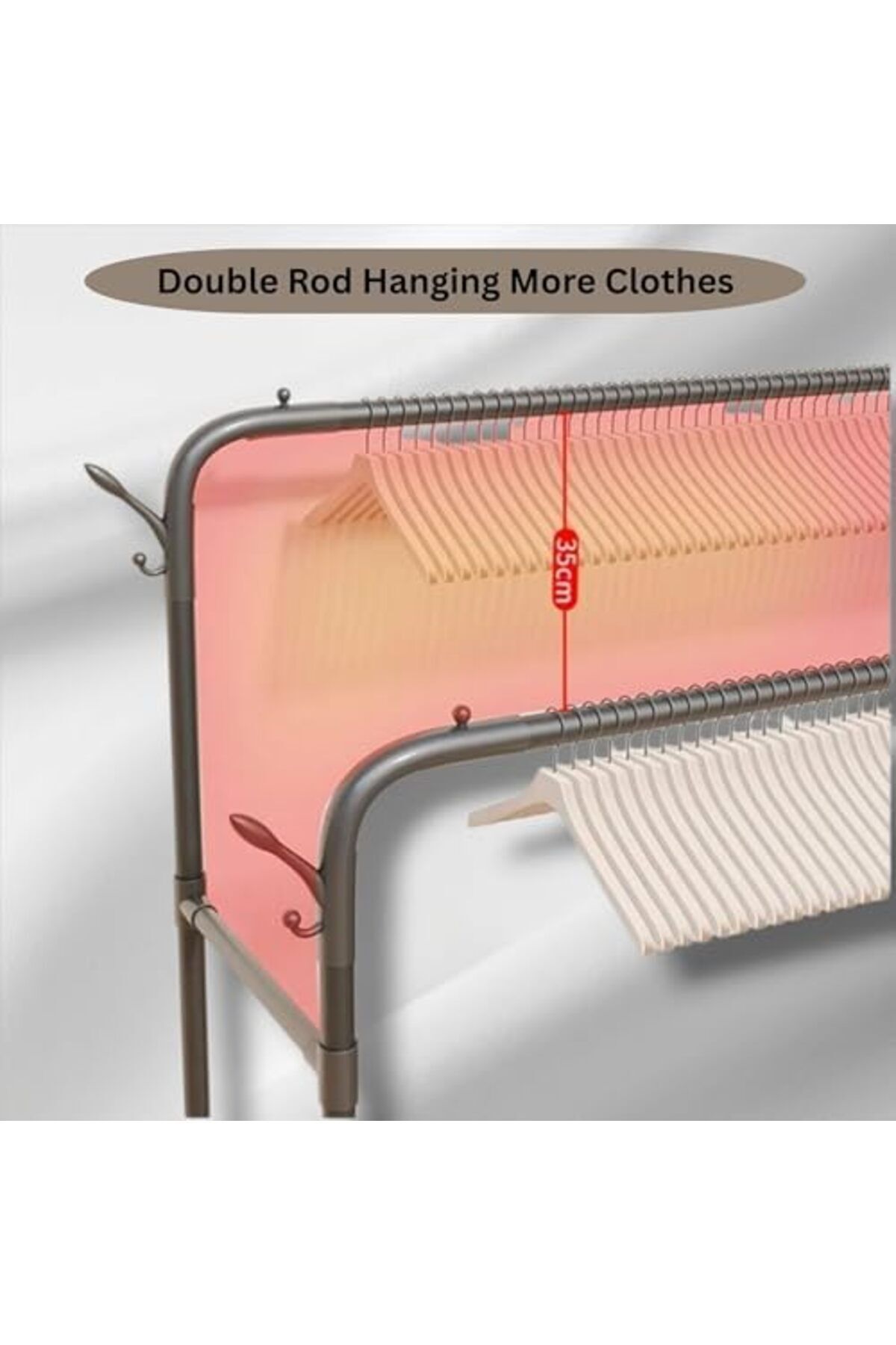 Türkiye-Double-Rail Clothes Rack with 2 Hooks & Lower Storage Shelf, Adjustable Garment Rack 8