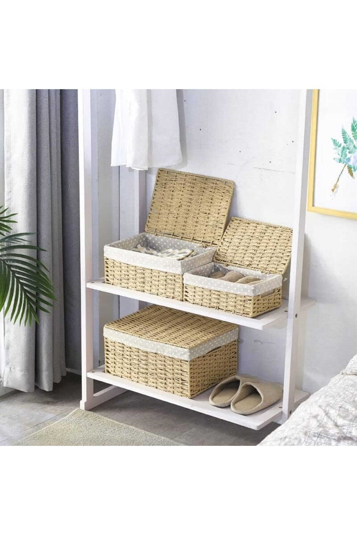 genric-FFD Rattan Wicker Storage Boxes with Lid Hand Woven Storage Boxes 3-Pieces Set Nesting Basket 4