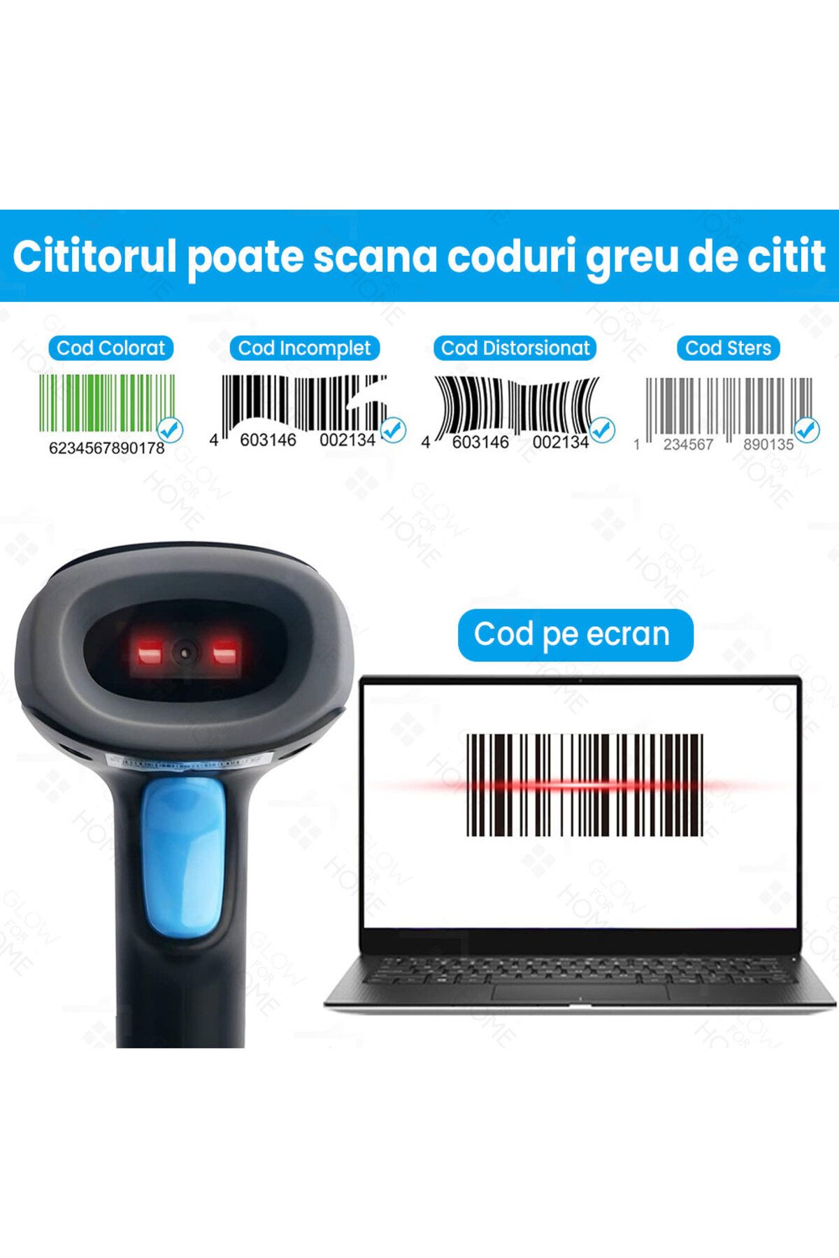 GlowforHome-Wireless laser barcode reader, GlowforHome, 1D/2D/QR/EAN-13, Bluetooth, 100m wifi 5