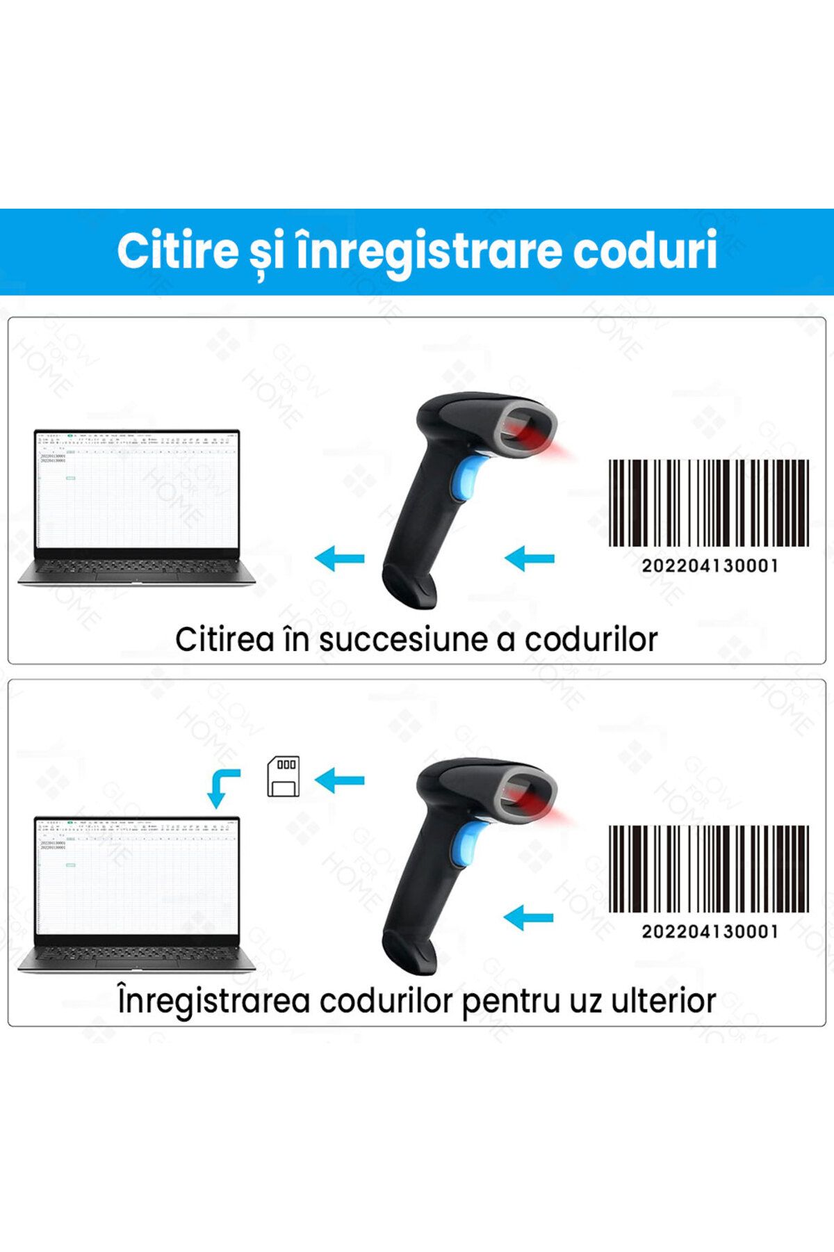 GlowforHome-Wireless laser barcode reader, GlowforHome, 1D/2D/QR/EAN-13, Bluetooth, 100m wifi 7