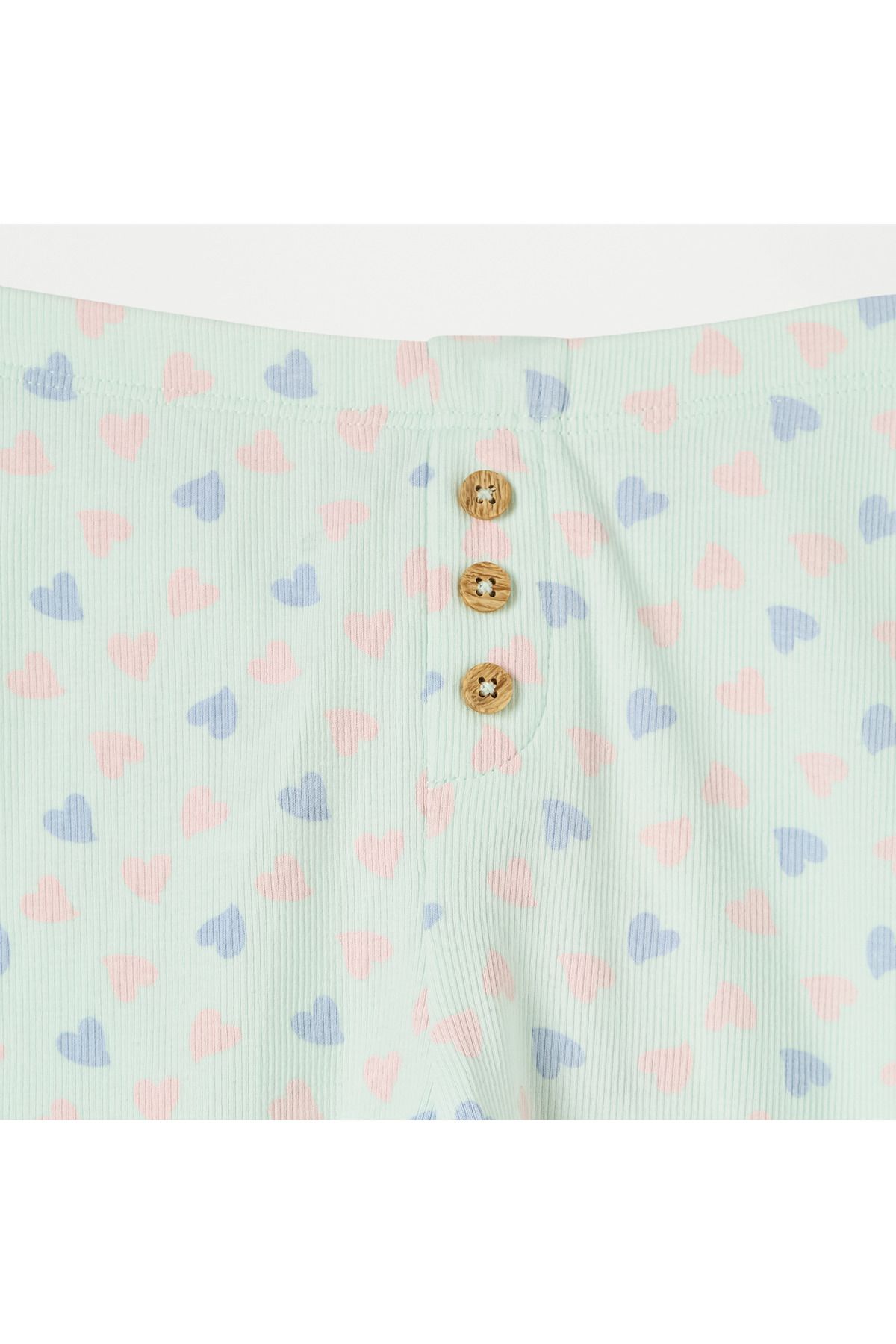 Juniors-All-Over Heart Print Leggings with Lettuce Hem and Button Accent 3